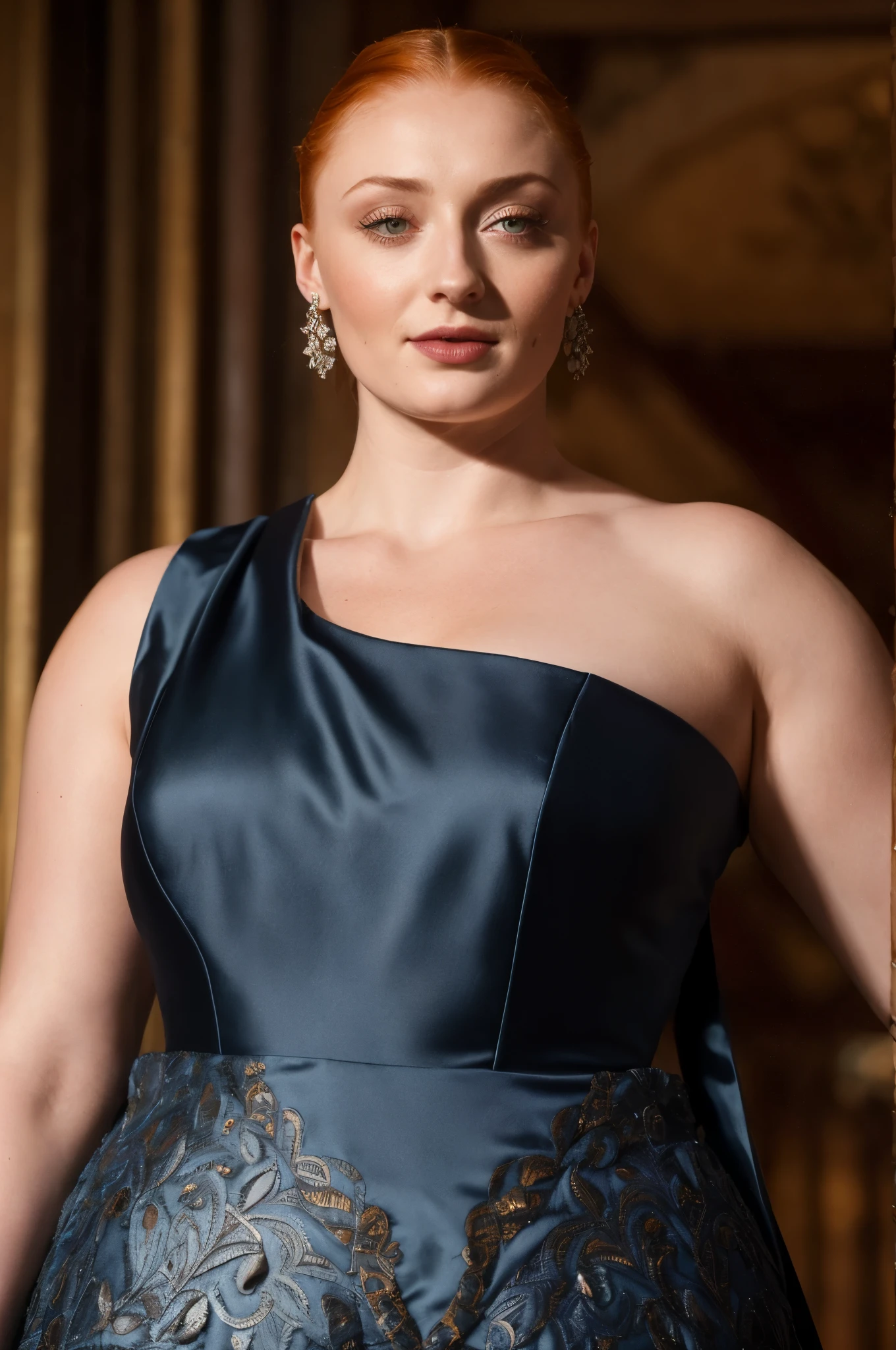 Face of Sophie Turner, Sansa Stark played by Sophie Turner, the de facto Lady of the Eyrie, is a 40-year-old mature queen with a stunning, alluring appearance. Full Face, Full figured woman, pierced eyes, reddish lips, upper body shot, erotic Mediaeval costumes, game of thrones costumes, She wears a Game of Thrones-inspired costume and has a deep cleavage, a perfect thick body, and a perfect thick figure. The photograph captures her in a close-up, with her skin texture and facial features being ultra-realistic and realistic. Juicy thick figure, high quality skin, Skin pores, amazing details, snow, snow flakes, semi realistic, extremely detailed eyes, dark moody orange and black settings, cool environment, artificial intelligence