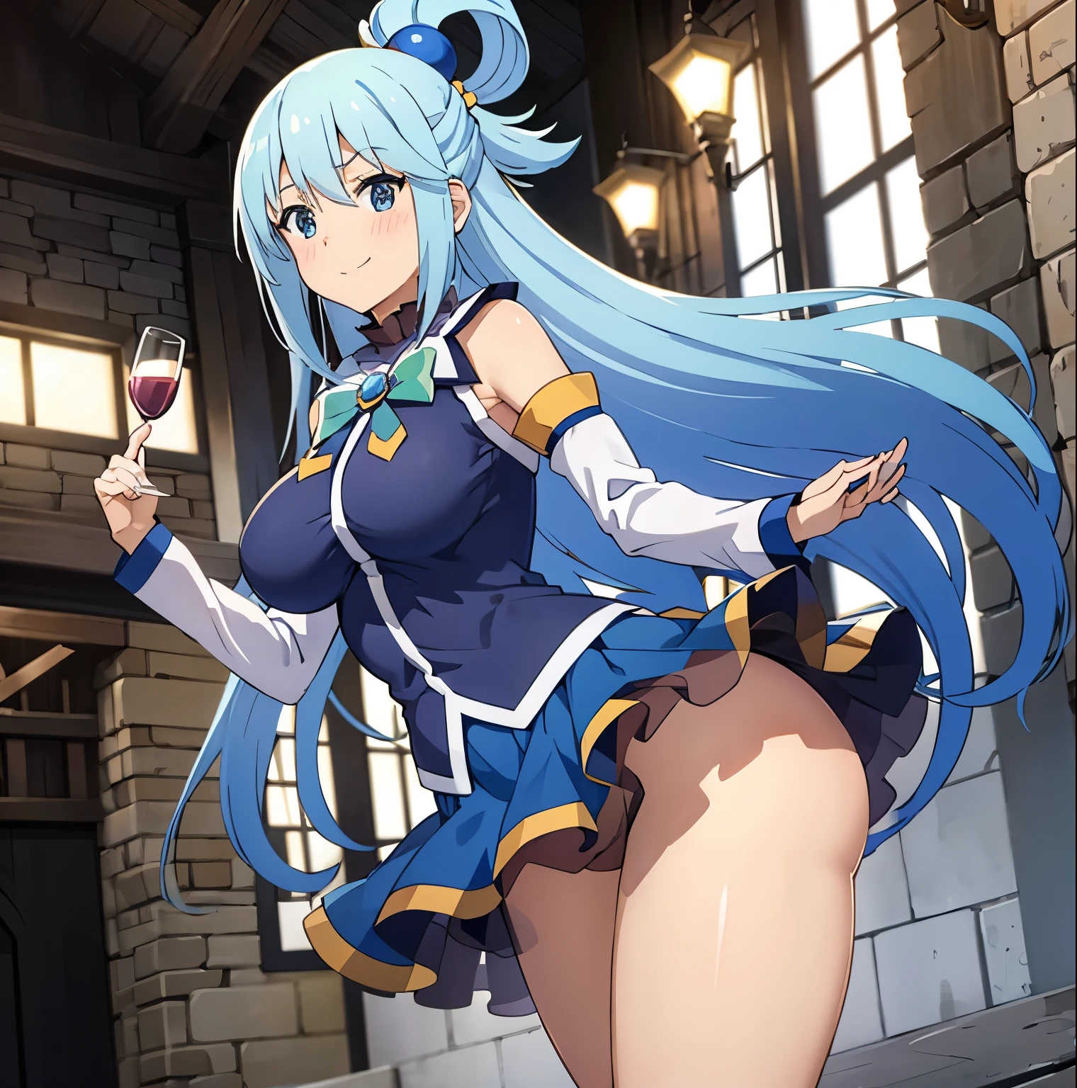 1girl, alone, aqua, (masterpiece, best quality: 1.2), blush, smile, long hair, blue hair, blue eyes, smile, closed mouth, mocking grimace, hand holding waistband, full body, sexy body, looking at viewer, looking back, from behind, ass focus, pov (from below), hold, wine bottle, hair rings, big breasts, medium waist, wide hips, wide thighs, round butt, blue shirt, bow, sleeves short, blue skirt with yellow details, short skirt, bare thighs, bare shoulders, perfect anatomy, perfect hands