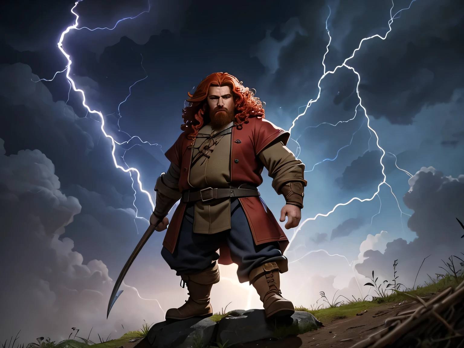 The character I want is a medieval dwarf with curly red hair and very simple clothes, em um fundo preto e corpo todo, with several versions of the following Tormentalist classes lightning and winds around his body