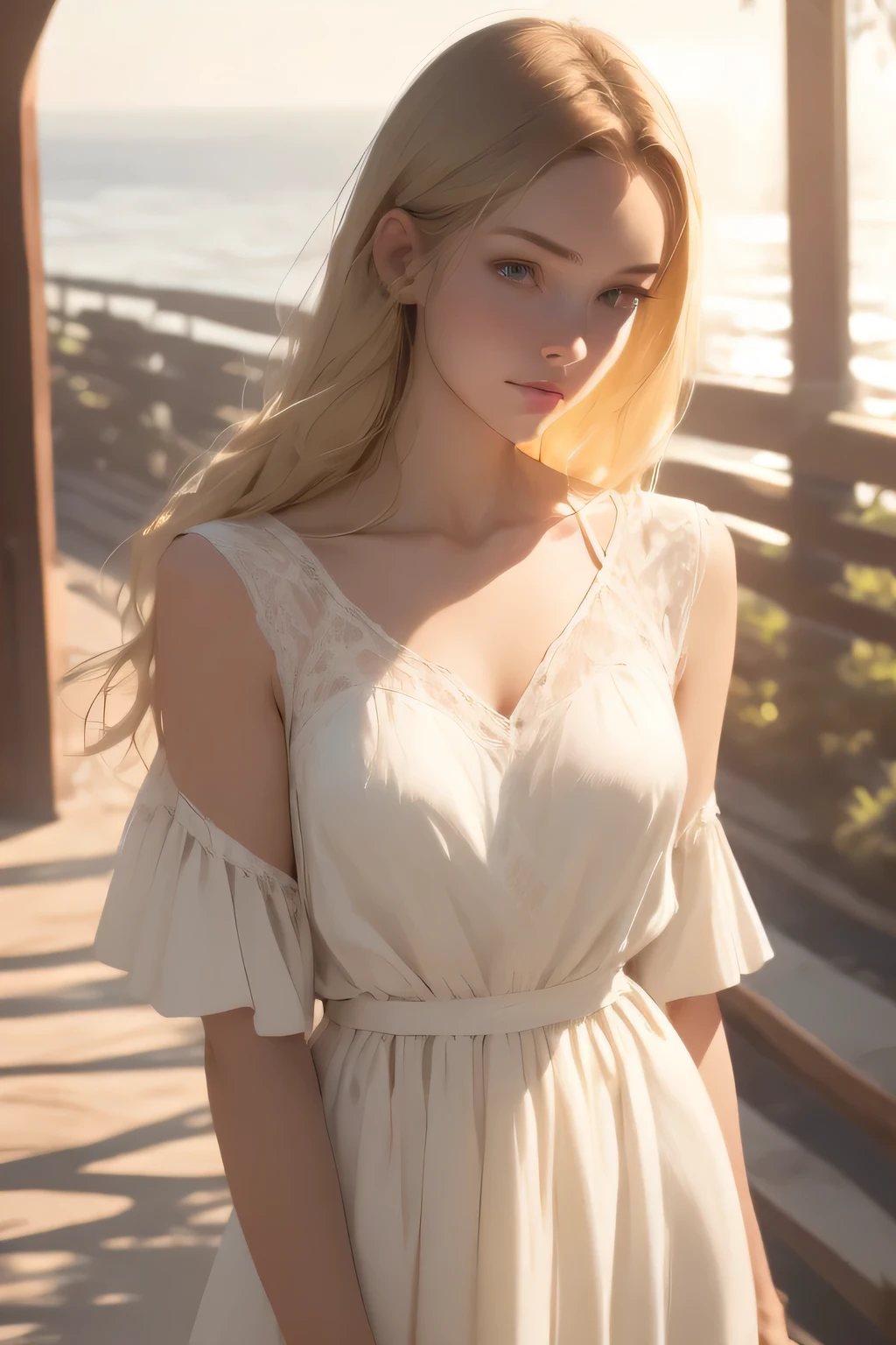 young woman, blonde hair, long golden hair, loose hair, dressed in a light white dress with straps, sea in the background, Bright sunlight, sea shore, The wind blows the dress, Cinematic light, daylight, beauty, masterpiece, Highest quality