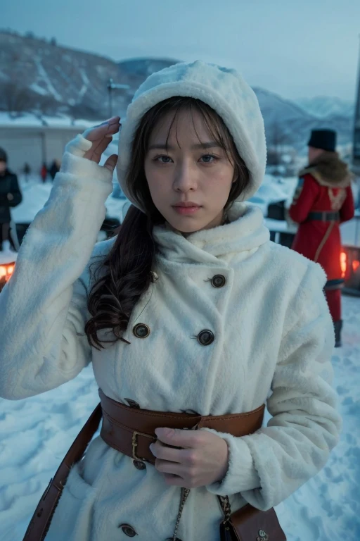 (4k), (best quality), (The finest details), (Surreal), caesar, Russian girl, winter, snowstorm, russian hat, beautiful乳沟, beautiful, soldier salute, looking at the audience, winter war.