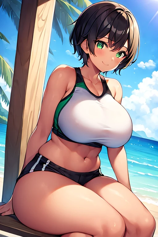 1girl, tan skin, tan-skinned female, sports bra, sportswear, huge breasts, thick thighs, black sportswear, bare legs, smile, black hair, very short hair, green eyes, pixie cut, short pants, bandage