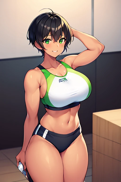 1girl, tan skin, tan-skinned female, sports bra, sportswear, huge breasts, thick thighs, black sportswear, bare legs, smile, black hair, very short hair, green eyes, pixie cut, short pants, bandage