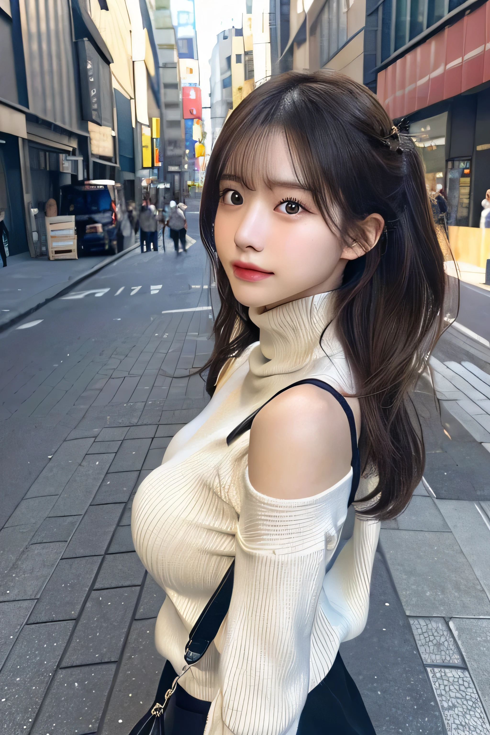 (Colossal tits、Turtleneck sweater、shoulder bags)、(top-quality,masterpiece:1.3,Ultra-high resolution,),(ultra - detailed,Caustics),(Reality:1.4,RAW shooting,)Hyper-realistic capture,A very detailed one,HD 16K human skin、 Natural skin texture、、Skin looks healthy、even skintone、 Use natural light and color,A woman who is,japanes,,kawaii,A brunette one,mid hair,(depth of fields、color difference、、Wide range of lighting、naturalshadow、)、(Hair swaying in the wind:1.2)、Streets of Tokyo、Large Breasts、