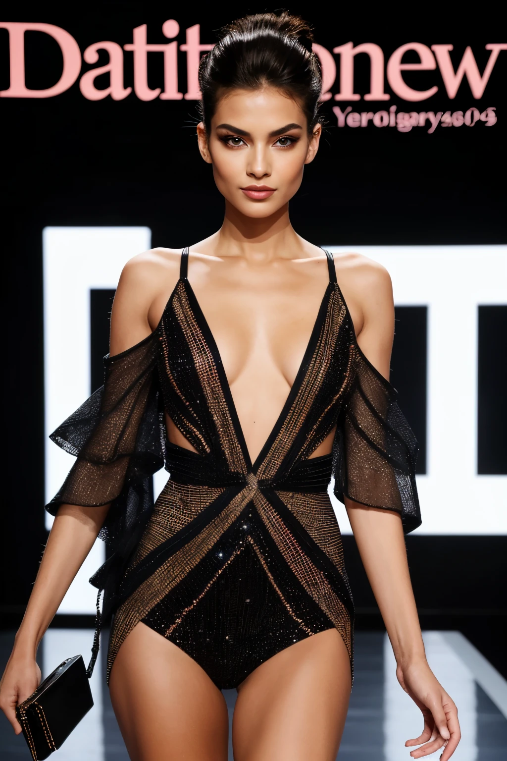 beautiful detailed eyes, perfect makeup, stylish hairstyle, fashionable outfit, confident pose, professional lighting, high fashion, vibrant colors, runway setting, elegant walk, fierce expression, glamorous atmosphere, artful composition, dramatic shadows, edgy vibe, fashion forward, magazine cover, stunning beauty, catwalk moment, haute couture, striking features, captivating presence, glamorous accessories, fierce competition, top designer, meticulous attention to detail, flawless complexion, radiant smile, captivating gaze, iconic beauty, graceful movement, international spotlight, glamorous lifestyle, iconic poses, trendsetter, ultimate style, glamorous diva, fashion icon.