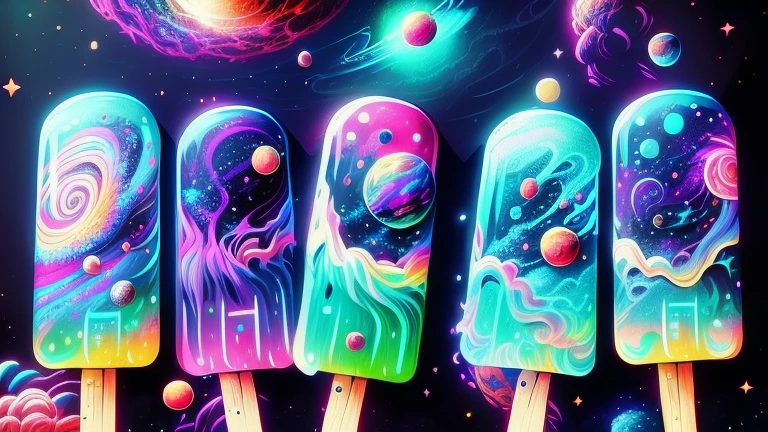 araffiction of pops with a galaxy theme on them, colorful galaxy theme colors, cosmic and colorful, Derretimento de naves espaciais!, cosmic colors, fantasy space, galaxy, espaco sideral, galaxy colored, space colors, Beeple e Jeremias Ketner, cool smooth space colours, inspirado em Cyril Rolando, space theme, gelado, space themed, surreal space, moranguinhos, 8k, --auto