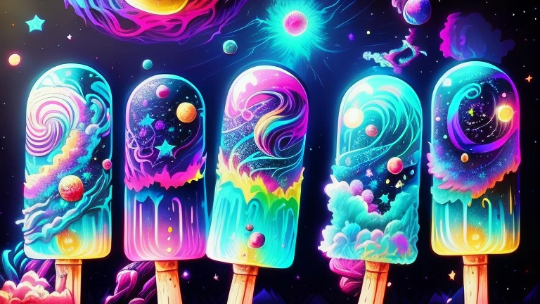 araffiction of pops with a galaxy theme on them, colorful galaxy theme colors, cosmic and colorful, Derretimento de naves espaciais!, cosmic colors, fantasy space, galaxy, espaco sideral, galaxy colored, space colors, Beeple e Jeremias Ketner, cool smooth space colours, inspirado em Cyril Rolando, space theme, gelado, space themed, surreal space, moranguinhos, 8k, --auto