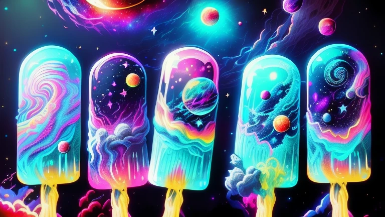 araffiction of pops with a galaxy theme on them, colorful galaxy theme colors, cosmic and colorful, Derretimento de naves espaciais!, cosmic colors, fantasy space, galaxy, espaco sideral, galaxy colored, space colors, Beeple e Jeremias Ketner, cool smooth space colours, inspirado em Cyril Rolando, space theme, gelado, space themed, surreal space, moranguinhos, 8k, --auto