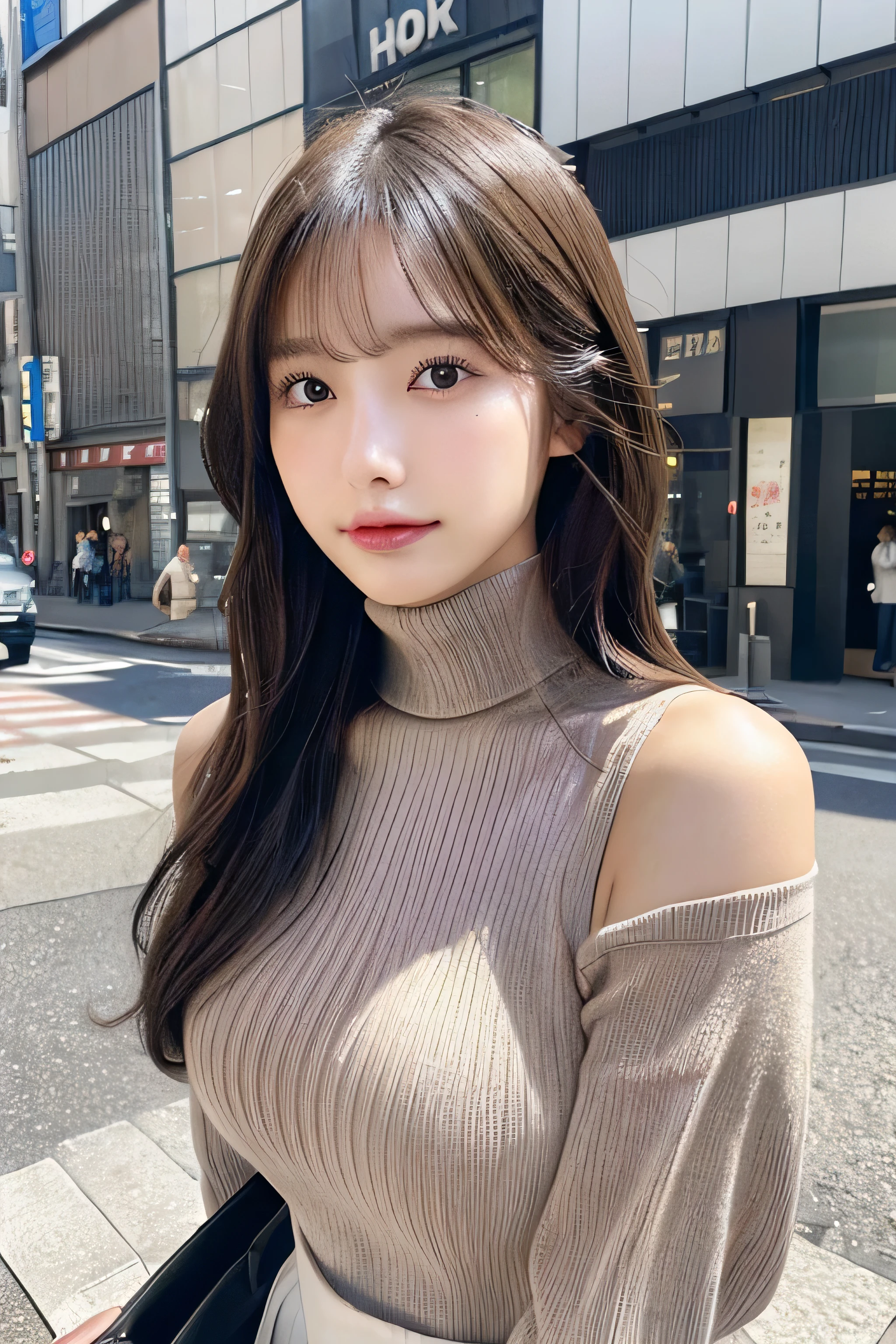 (Colossal tits、Turtleneck sweater、shoulder bags)、(top-quality,masterpiece:1.3,Ultra-high resolution,),(ultra - detailed,Caustics),(Reality:1.4,RAW shooting,)Hyper-realistic capture,A very detailed one,HD 16K human skin、 Natural skin texture、、Skin looks healthy、even skintone、 Use natural light and color,A woman who is,japanes,,kawaii,A brunette one,mid hair,(depth of fields、color difference、、Wide range of lighting、naturalshadow、)、(Hair swaying in the wind:1.2)、Streets of Tokyo、Large Breasts、