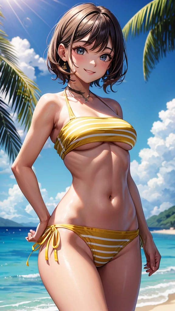 sksbrooke person, sksbrooke, (masterpiece:1.2), (best quality:1.2), perfect eyes, perfect face, 1girl, solo, brown eyes, (medium breasts), perky breasts, yellow stripe bandeau top and Brazilian bottom bikini set, beach background, smiling 