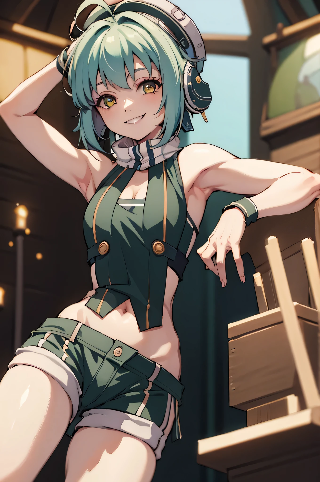 (masterpiece, best quality:1.2), cowboy shot, solo, 1girl, marina, pale skin, pale-skinned female, smile, looking at viewer, tentacle hair, black crop top, vest, shorts, green pantyhose, gloves, cleavage, on stage, using DJ table, tentacle hair, bulge 