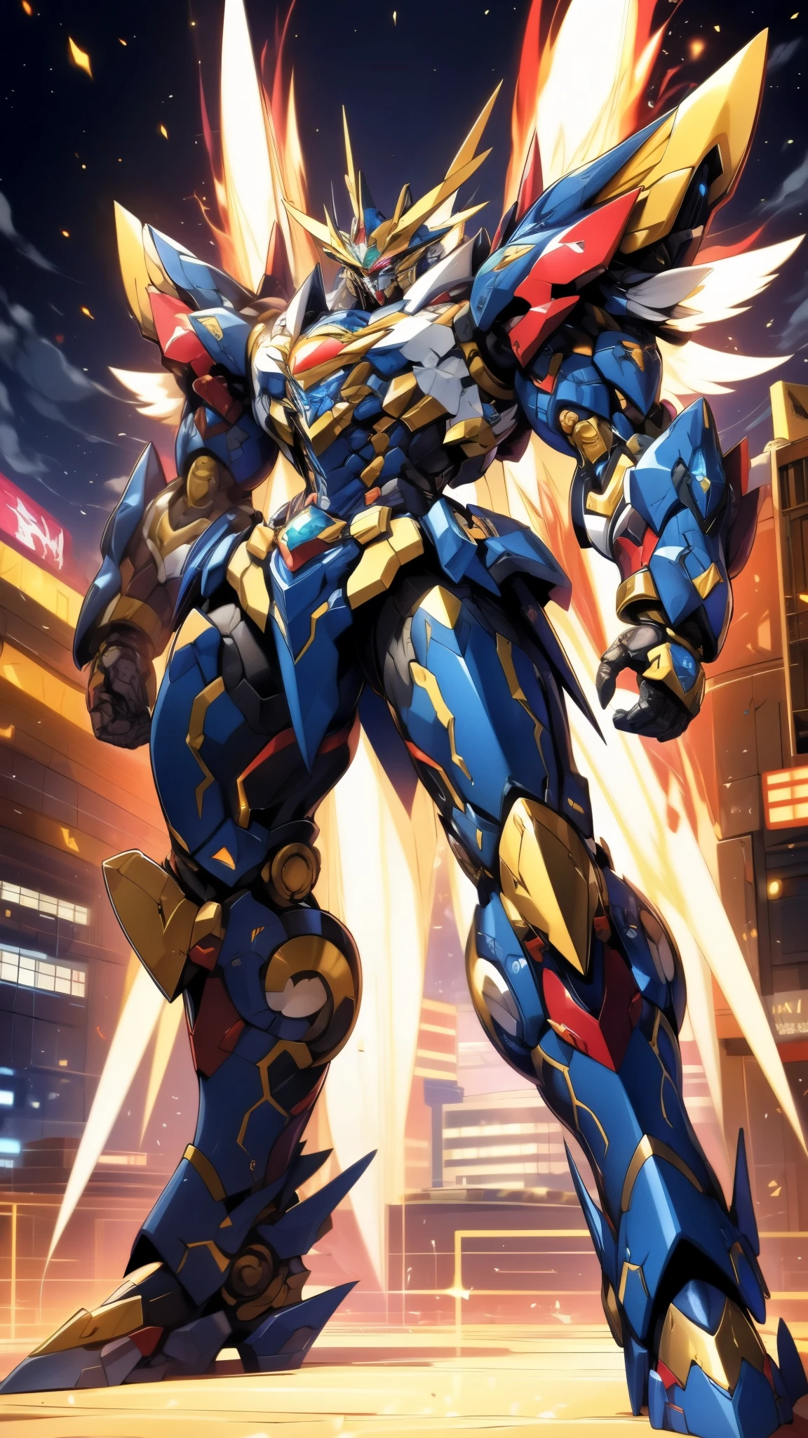Humanoid Mecha, fully enclosed shoulder guards, matching arm and leg guards, full body, full armor, super robot, the design balances heavy with agility, (the color scheme is primarily white with red and blue accents, the concept Inspired by super robot, Lion concept chest armor, pose, standing, floating high above the futuristic sci-fi city), exquisite and mature art style, (aura effect, energy, glowing eyes, the armor glows), ((SRS)), metallic, dramatic, high definition, best quality, highres, ultra-detailed, ultra-fine painting, extremely delicate, professional, perfect body proportions, anatomically correct, symmetrical face, extremely detailed eyes and face, high quality eyes, creativity, RAW photo, UHD, 32k, Natural light, cinematic lighting, masterpiece-anatomy-perfect, masterpiece:1.5