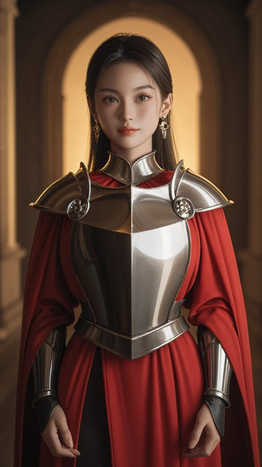 score_9,score_8_up,score_7_up,Amazing, fine detail,masterpiece, 1girl, long black straight hair, dark knight,cute face, cowboy_shot,black Armor and red robe,)looking at view, hiqcgbody ,perfect female figure,earring,narrow waist