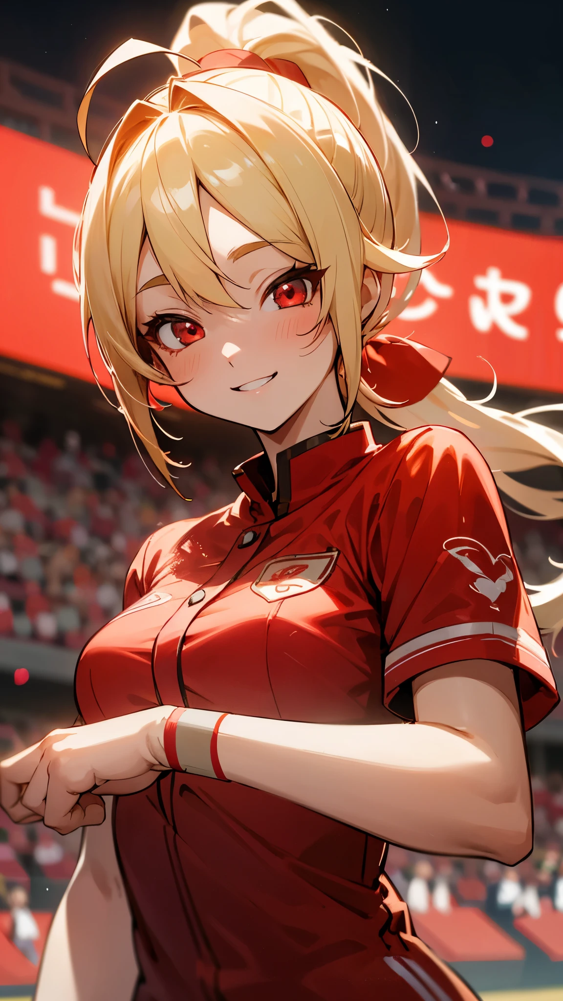1 girl、8k、Sharp focus、(Bokeh) (highest quality) (Detailed skin:1.3) (Intricate details) (anime)、Blonde ponytail、Ahoge、Beautiful red eyes、smile、Vibrant colors、Red Shirt、red wristbands、smile、Upper body close-up、Stadium stand background