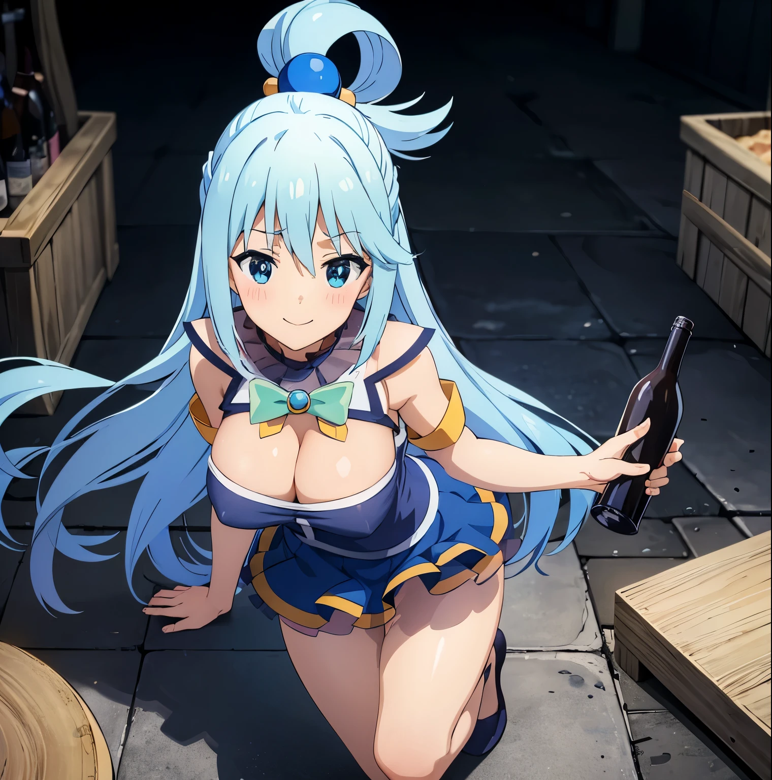 1girl,alone,aqua,(masterpiece, best quality: 1.2), blush, smile, long hair, blue hair, blue eyes, smile, closed mouth, mocking grimace, hand holding breast, full body, sexy body, looking at viewer, front view, focus on breasts, pov (from above), hold, wine bottle, hair rings, large breasts, medium waist, wide hips, wide thighs, round butt, blue shirt, cleavage, short sleeves, blue skirt with yellow details, short skirt, bare thighs, bare shoulders, perfect anatomy, perfect hands