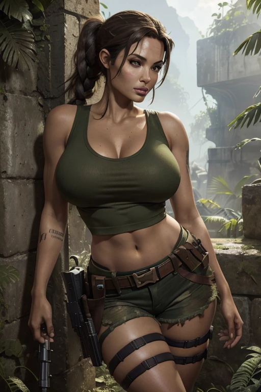 (masterpiece), best quality, expressive eyes, perfect face, (ancient ruins in deep jungle background), (standing), (smirk), (front view), (1girl, 8+, Angelina Jolie, latina, dark skin, tanned skin, thick lips, brown hair, long hair, ponytail braid hairstyle, hazel eyes, hourglass figure, thin body, skinny body, large brease breasts, oppe hips, big butt, round butt, t thighs), (lcroft outfit, torn clothes, ripped clothes, military-green tanktop, croptop, sleeveless, torn camouflage shorts, military belt with holster, military shoulder starps with holster),