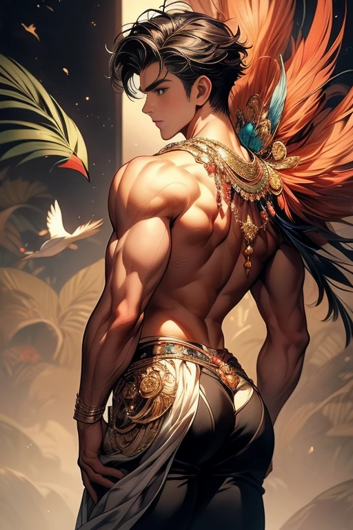 masterpiece, ((masterpiece)), Best quality, complex parts, perfect Whimsical, gentle, a little feminine face, detailed face, Highly detailed and fine figurine, ultra-realistic, detailed body, detailed pectoral muscles, ((Boy's focus)), detailed muscles, convex, (((A handsome boy, 17 years old))), athletic build, ((ideal body)), aesthetically beautiful, erotically tempting, seducing, offering himself With a beautiful sexy tango panti With round perfect buttocks, Rear view from bottom to top muscular, sweaty after a workout, In a Venetian mask with peacock and bird of paradise feathers, In White, red and gold colors, diamond chips all over the body , Watercolor, in the style of Caravaggio