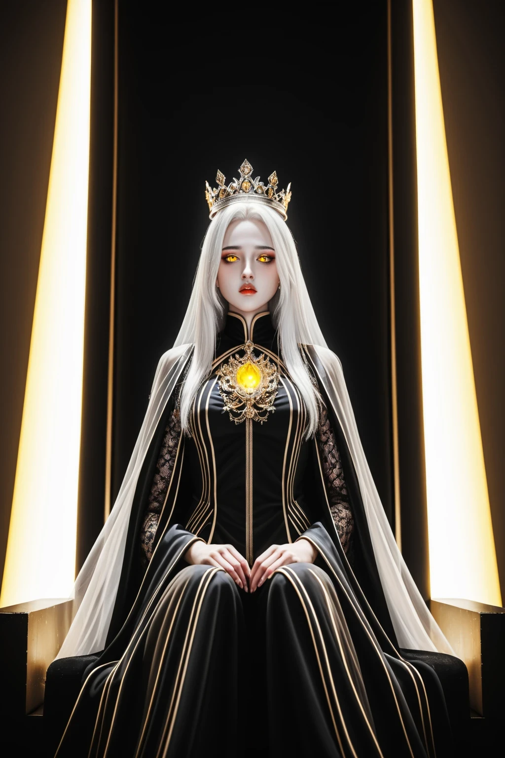 best quality, (illustration:1.2), (ultra-detailed), hyper details, (delicate detailed), (intricate details), (cinematic light, best quality Backlights), clear line, from below, solo female, perfect body, (1girl), white hair, glowing yellow eyes, (emperor, black see-through clothes),(crown:1.1), sitting on Throne, slightly close eyes, looking downward, turn head, ( shy:1.2), ((makeup)), high contrast, (best illumination, an extremely delicate and beautiful), ((cinematic light)), colorful,
