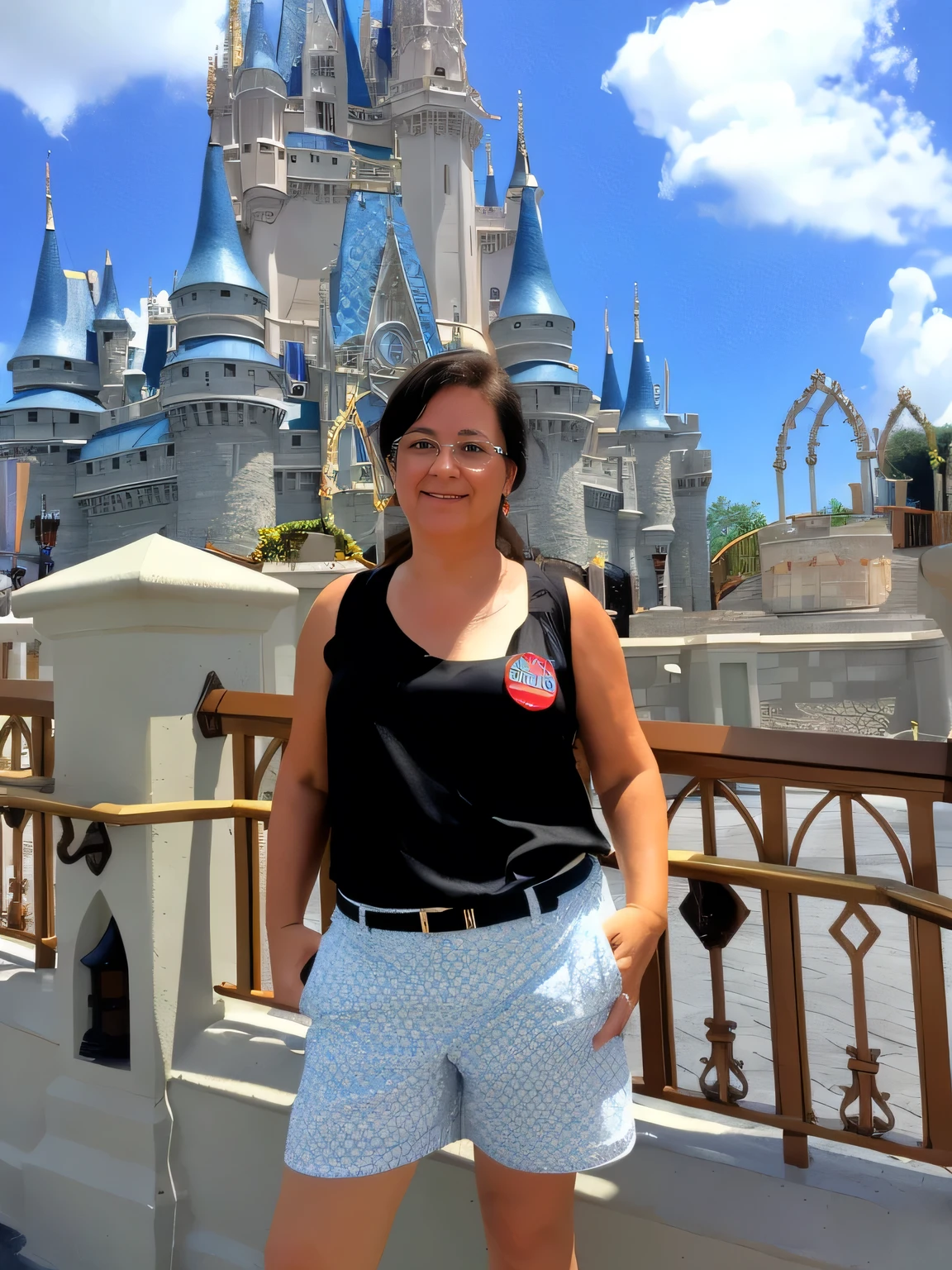 woman standing in front of a castle with a blue sky in the background, with a castle in the background, castle in background, magic kingdom, ( castle in the background ), standing near a castle, castle in the background, background is disneyland castle, anna, photo taken in 2 0 2 0, sandra, disney world, usa-sep 20, in disney