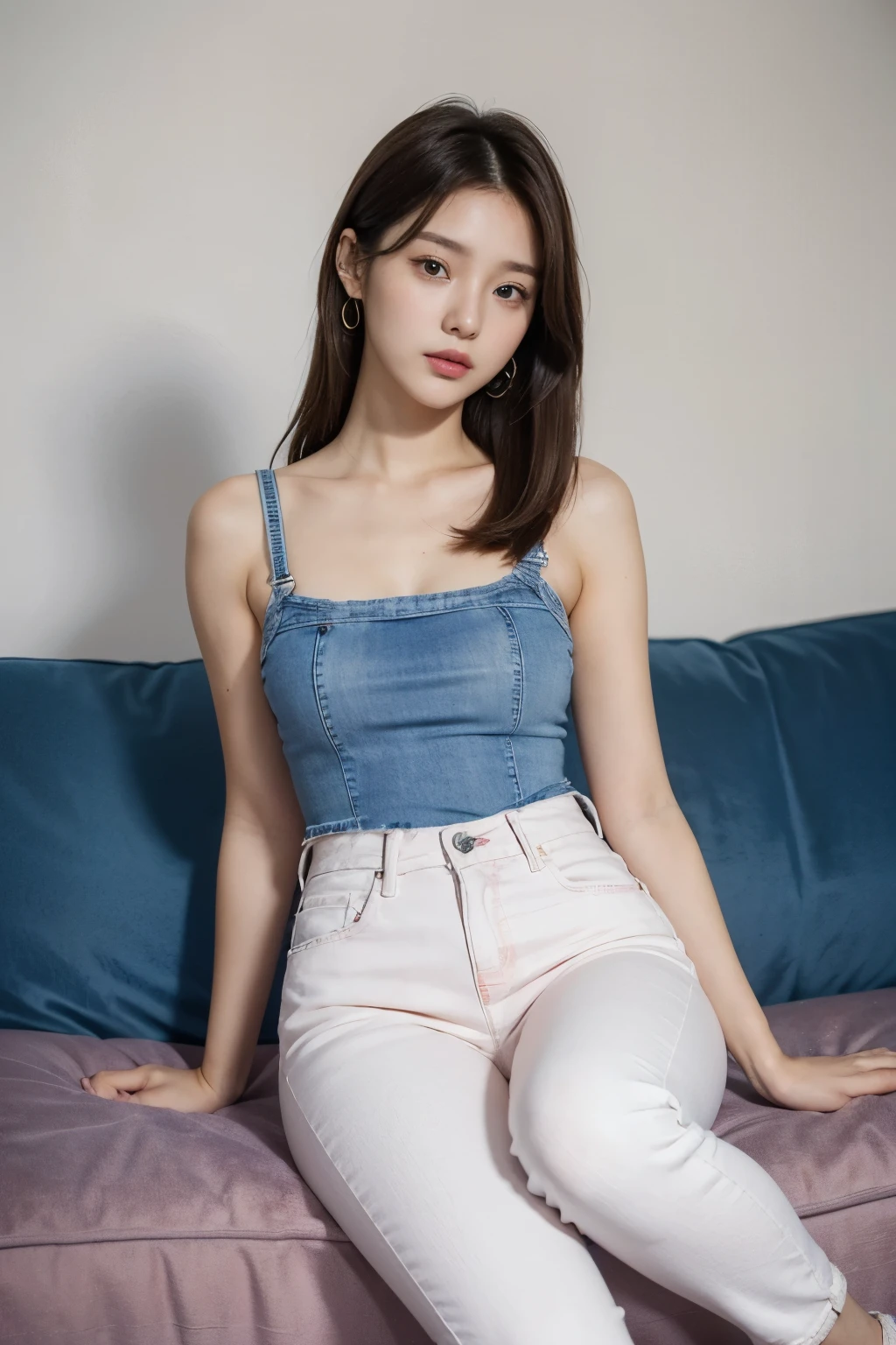 A beautiful girl about 24 years old, brown hair, delicate facial features, peerless beauty, wearing a pink and white French high-waisted Stylish top, wearing blue jeans, sitting on the sofa, full body photo ulzzang