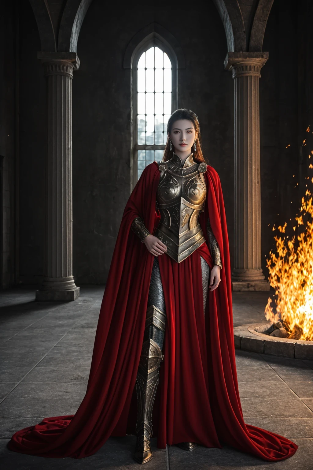 beautiful detailed background, octane render, 8k, best quality, masterpiece, illustration, extremely delicate and beautiful, detailed,extremely detailed,CG,unity,wallpaper,Amazing, fine detail, realistic art: 1.2 ,masterpiece, best quality, official art, extremely detailed CG unity 8k wallpaper,1girl, (((long black straight hair,))), dark knight,red eyes,beautiful face, full body,(black Armor and red robe,) looking at view, realistic photo,
(hiqcgbody) ,perfect female figure,earring,narrow waist, (looking at view), alluring,prestige,(fire,indoor,ruins)
