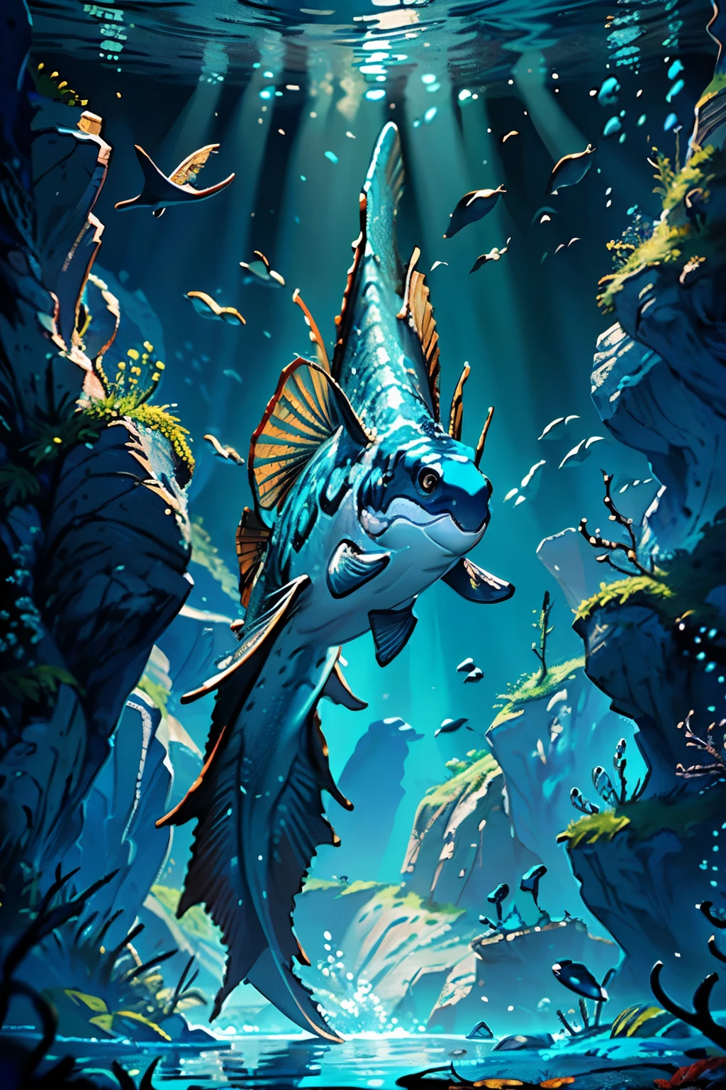 ((3D Masterpiece, immersive experience, underwater adventure)), (Stunningly realistic), (3D Disney Movie Style, Pixar-like quality), (Advanced 3D engine), (Colossal fish with intricate scales), (Human fighter with muscular physique), (Dramatic underwater lighting), (Dynamic ocean currents and reflections), (Emotional storytelling), (Tension-filled escape sequence), (360 degree view), (Panoramic ocean landscape with coral reefs), (Detailed sea creatures and marine life), (High-resolution texture mapping), (Realistic water simulations), (Emotional climax), (Hero'
