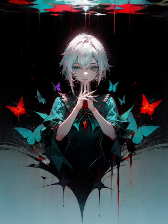 highest quality、muste piece、super detailed、perfect face、very detailed、very delicate、1 girl, (scared), (white hair)、one knot、dark, shining eyes, Light green eyes,  holy, ,White tunic,race, full of confidence,  please keep your mouth shut、expressive eyes, collofull eyes, contrast, shadowy, muste piece, digital art, shining eyes, Intimidating, damaged, devilish, abstract background, white, black and teal、Let the bright, shining stars float in your hands、fear、A light blue butterfly dances, Arlecchino