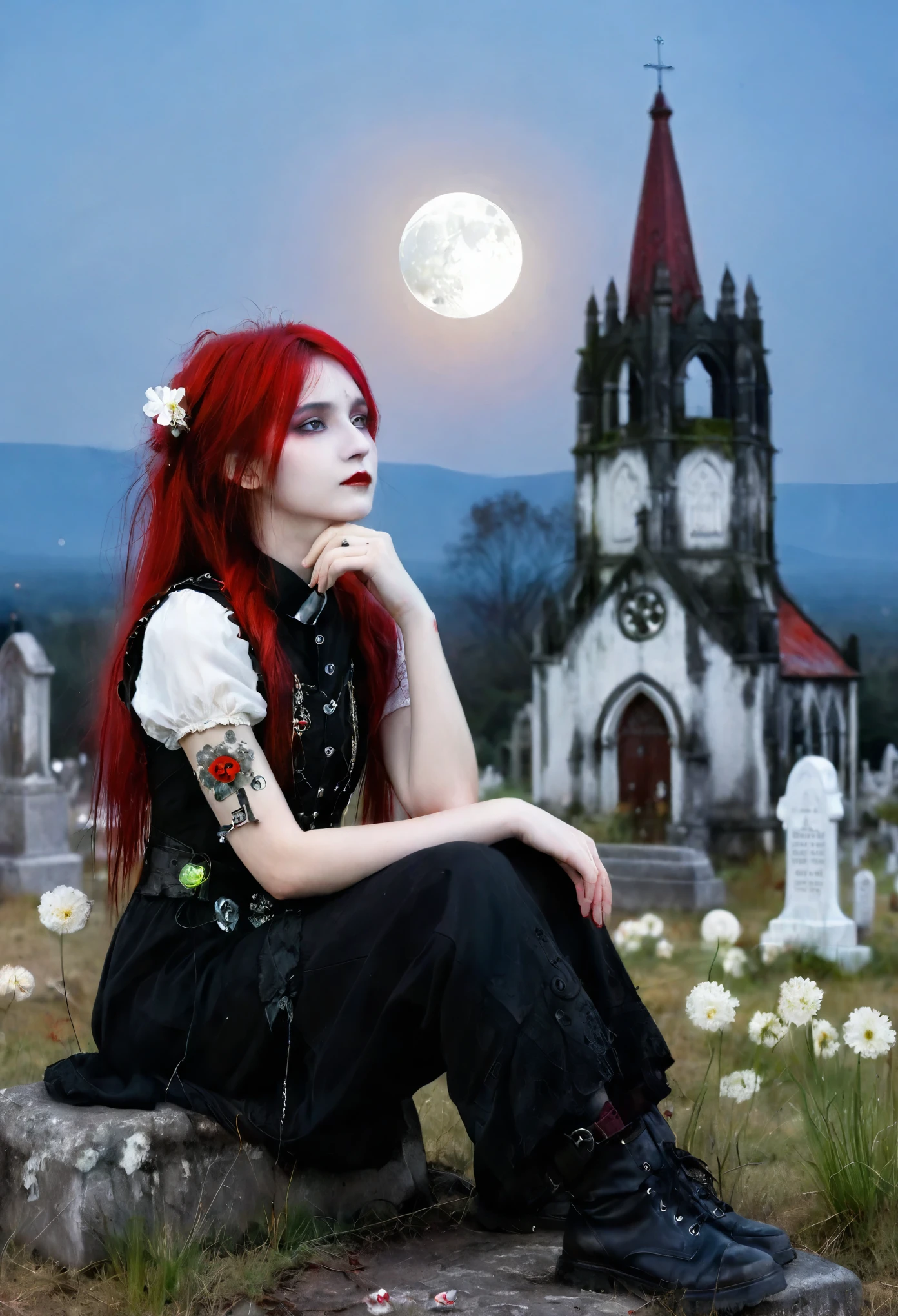 wasteland,A very poor old mech sitting on a rock thinking,Thinker,Hand on cheek,(Sitting:1.2),rust,Wearing tattered armor,The skyline in the distance,Gothic,moss,(A small white flower),(Cemetery),Gothic Church,(Blood red moon),Gothic Elements,wildfires,cold,gloomy