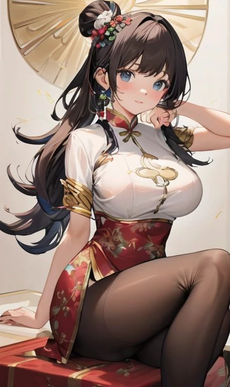 ulzang-6500-v1.1, (RAW photos:1.2), (Reality:1.4), Beautiful and delicate girl, Very detailed eyes and face, Beautiful and delicate eyes, ridiculous, Unbelievably ridiculous, Huge file size, Super detailed, high resolution, Very detailed, best quality, masterpiece, ((cheongsam)), illustration, Very detailed, CG, Unite, 8k wallpaper, Astonishing, Fine details, masterpiece, best quality, Very detailed CG Unite 8k wallpaper, face light, light, 1 Girl, , (()), ((Dynamic poses))), (Camel toe), (half), (Pantyhose), (Sit with knees and legs bent))((Large Breasts)))Breast sagging、Low-cut(((Cleavage )))、(((Wide hips,)))(((Hourglass figure)))((Long legs))