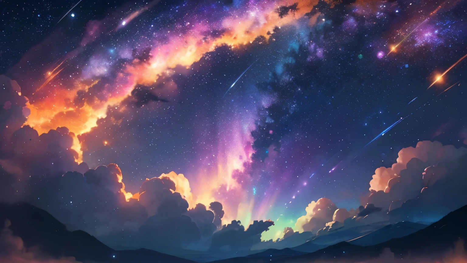 stary sky, clouds, ethereal, sparkly, epic night sky, orange aurora, masterpiece, clean lineart, clean anime outlines, best quality, high quality, high details, super detail, anatomically correct, best quality, ultra-detailed, colorful, dynamic lighting, HD,