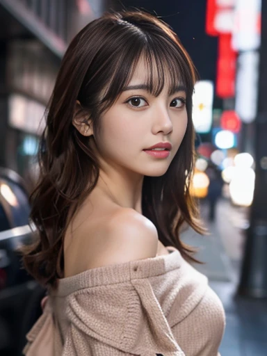 Ultra-high resolution, Superior Quality, highest quality, Super detailed, Realistic, 8k, RAW Photos, highest quality, masterpiece, Attractive girl, A wonderful girl, Brown Hair, Shoulder-length layered, Asymmetrical bangs, Japanese Idols, Sophisticated, stylish, Off-the-shoulder tops, Shibuya Ward, 