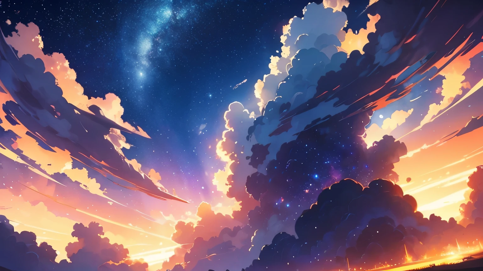 stary sky, clouds, ethereal, sparkly, epic night sky, orange aurora, masterpiece, clean lineart, clean anime outlines, best quality, high quality, high details, super detail, anatomically correct, best quality, ultra-detailed, colorful, dynamic lighting, HD,