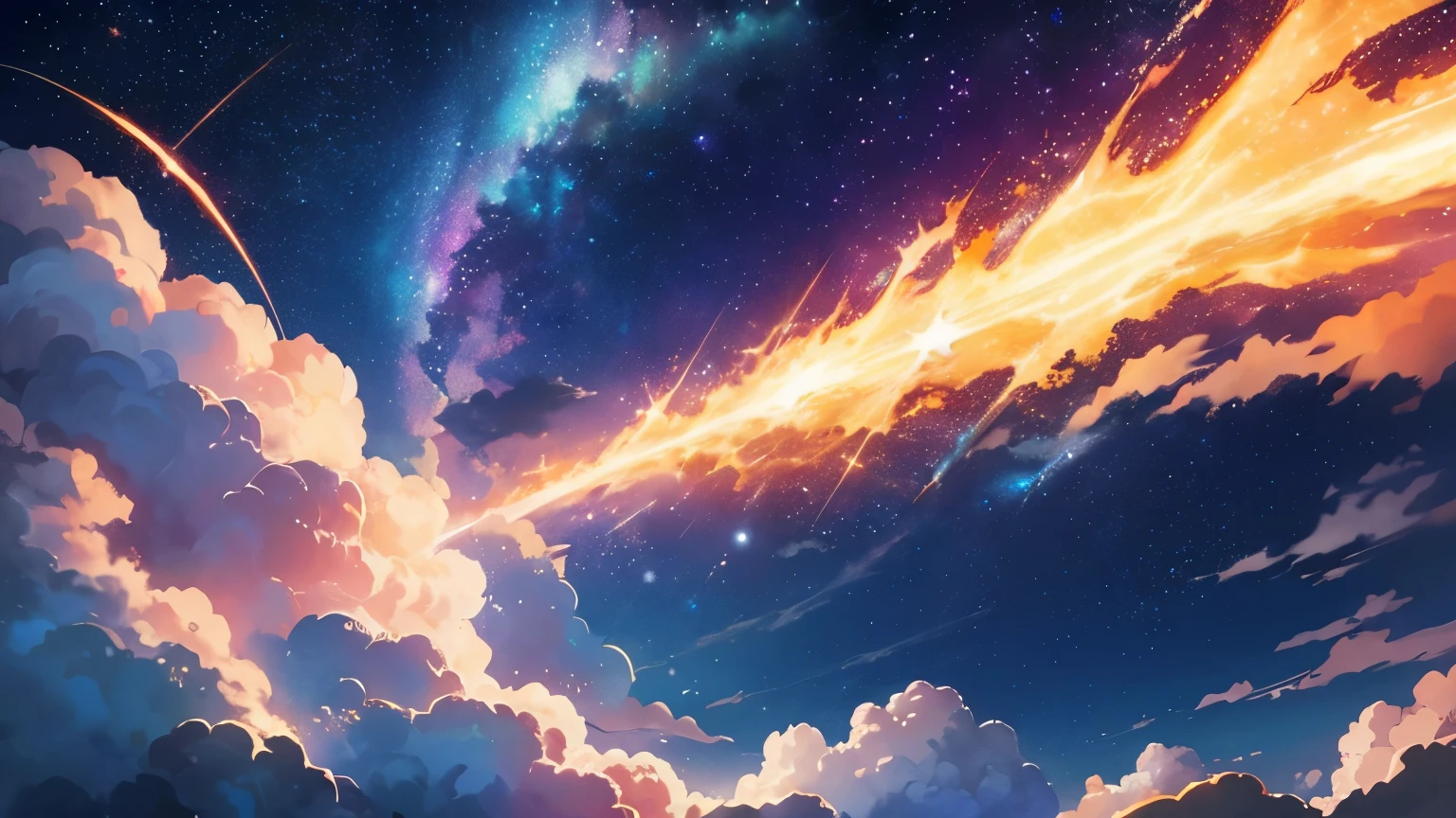 stary sky, clouds, ethereal, sparkly, epic night sky, orange aurora, masterpiece, clean lineart, clean anime outlines, best quality, high quality, high details, super detail, anatomically correct, best quality, ultra-detailed, colorful, dynamic lighting, HD,