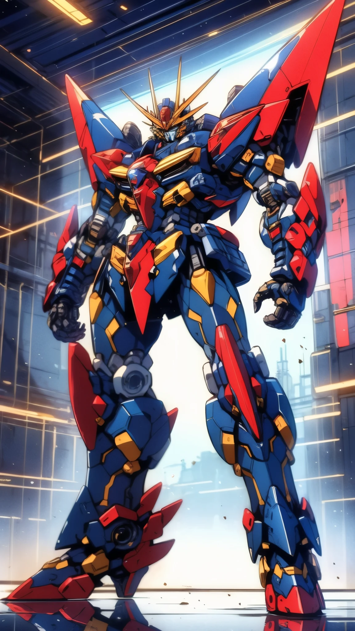 Humanoid Mecha, fully enclosed shoulder guards, matching arm and leg guards, full body, full armor, super robot, the design balances heavy with agility, (the color scheme is primarily white with red and blue accents, the concept Inspired by super robot, Lion concept chest armor, pose, standing, floating high above the futuristic sci-fi city), exquisite and mature art style, (aura effect, energy, glowing eyes, the armor glows), ((SRS)), metallic, dramatic, high definition, best quality, highres, ultra-detailed, ultra-fine painting, extremely delicate, professional, perfect body proportions, anatomically correct, symmetrical face, extremely detailed eyes and face, high quality eyes, creativity, RAW photo, UHD, 32k, Natural light, cinematic lighting, masterpiece-anatomy-perfect, masterpiece:1.5