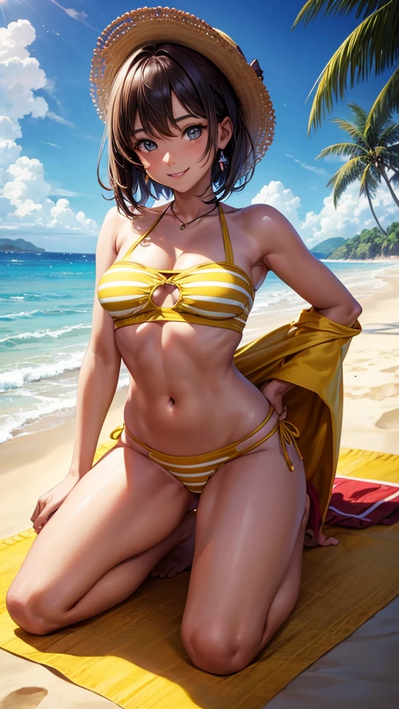 sksbrooke person, sksbrooke, (masterpiece:1.2), (best quality:1.2), perfect eyes, perfect face, 1girl, solo, brown eyes, (medium breasts), perky breasts, yellow stripe bandeau top and Brazilian bottom, beach background, smiling, kneeling