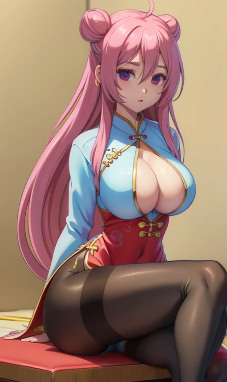ulzang-6500-v1.1, (RAW photos:1.2), (Reality:1.4), Beautiful and delicate girl, Very detailed eyes and face, Beautiful and delicate eyes, ridiculous, Unbelievably ridiculous, Huge file size, Super detailed, high resolution, Very detailed, best quality, masterpiece, ((cheongsam)), illustration, Very detailed, CG, Unite, 8k wallpaper, Astonishing, Fine details, masterpiece, best quality, Very detailed CG Unite 8k wallpaper, face light, light, 1 Girl, , (()), ((Dynamic poses))), (Camel toe), (half), (Pantyhose), (Sit with knees and legs bent))((Large Breasts)))Breast sagging、Low-cut(((Cleavage )))、(((Wide hips,)))(((Hourglass figure)))((Long legs))
