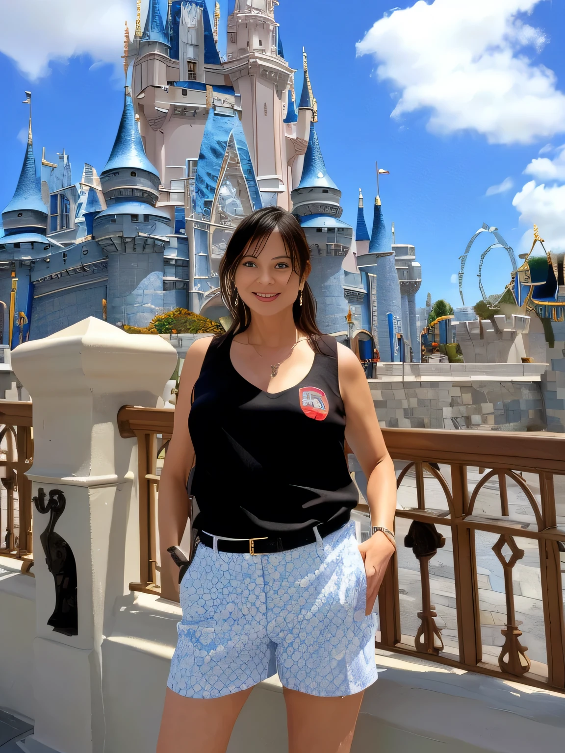 Woman in front of a castle in Disney World's Magic Kingdom, with blue sky in the background, castle in the background, with castle in the background, castle in the background, magical kingdom, (castle in the background), the background is the castle in Disneyland, Disney World, next to a castle, Walt Disney World.
A beautiful woman, with white skin and dark brown hair. She is about 45 years old, 165 cm tall and weighs 56 kg. She had modeled legs, perfect legs, toned legs, perfect mouth, medium breasts, perfect face. Her body exudes glamor and her face is a definition of beauty. Slender body, thin waist. Highly realistic, hyperrealism, very elaborate skin. Clear photo, high resolution, high quality, masterpiece, 16K photo, high contrast, masterpiece, NUDE, NUDITY, NFSW.