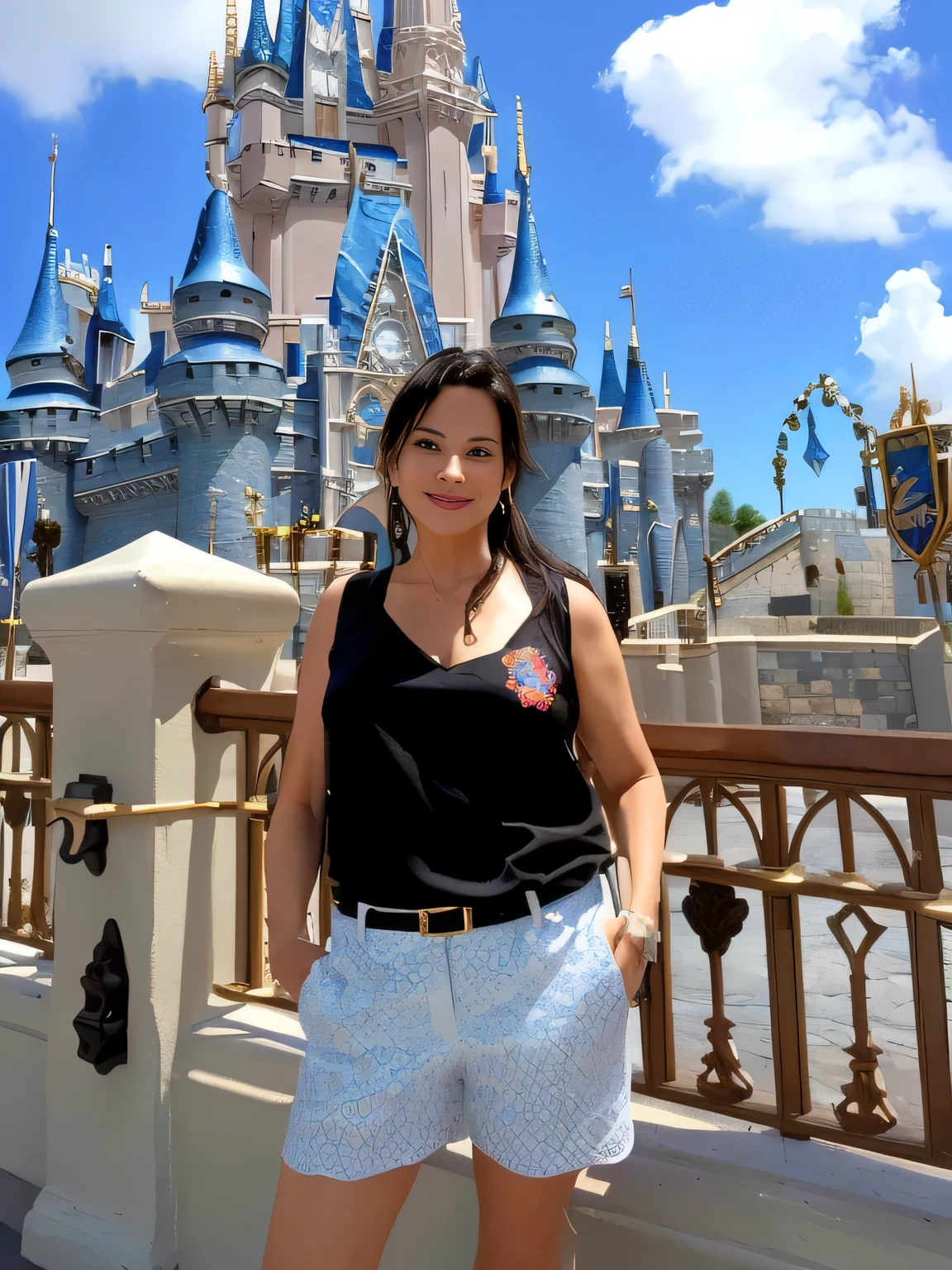 Woman in front of a castle in Disney World's Magic Kingdom, with blue sky in the background, castle in the background, with castle in the background, castle in the background, magical kingdom, (castle in the background), the background is the castle in Disneyland, Disney World, next to a castle, Walt Disney World.

A beautiful woman, with white skin and dark brown hair. She is about 45 years old, 165 cm tall and weighs 56 kg. She had modeled legs, perfect legs, toned legs, perfect mouth, medium breasts, perfect face. Her body exudes glamor and her face is a definition of beauty. Slender body, thin waist. Highly realistic, hyperrealism, very elaborate skin. Clear photo, high resolution, high quality, masterpiece, 16K photo, high contrast, masterpiece, NUDE, NUDITY, NFSW.