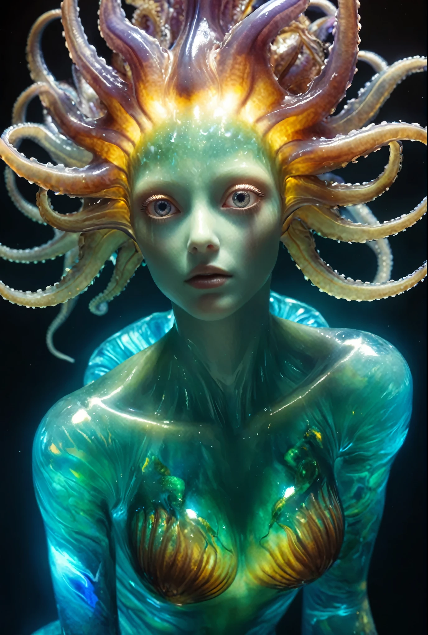 (melhor qualidade,4k,high resolution,Obra de arte:1.2),ultra-detalhado,(realista,photorealista:1.37), (1 beautiful 18 year old jellyfish-like alien:1.8), embaixo da agua, cores vibrantes, bioluminescence, surreal, grotesco, lindos olhos detalhados, detailed lips, pele viscosa, tentacles, intricate patterns, extraordinary creature, unique anatomy, Ocean environment, abismo escuro, mistificador, misterioso, assombrando, estranho, fantasia, hybrid beauty, ethereal, enchanting lighting, Com hipnotizantes marcas brilhantes iridescentes adornando seu corpo, as complexidades de suas partes de tentacles destacam as cores ricas e a bela luz suave. The vast open waters serve as a vivid backdrop, permitindo que o polvo absorva cada detalhe, displaying their absurd and complex forms in unparalleled quality. (realista, hyper-realista:1.5), sobrancelhas grossas, (lindos olhos opalos superdetalhados:1.8), sorrindo sedutoramente, (sem maquiagem:1.7), (Exoesqueleto com lindo design Nautilus:1.8), pale, white skin with visible veins, Belos mamilos, pintura facial com design nautilus,