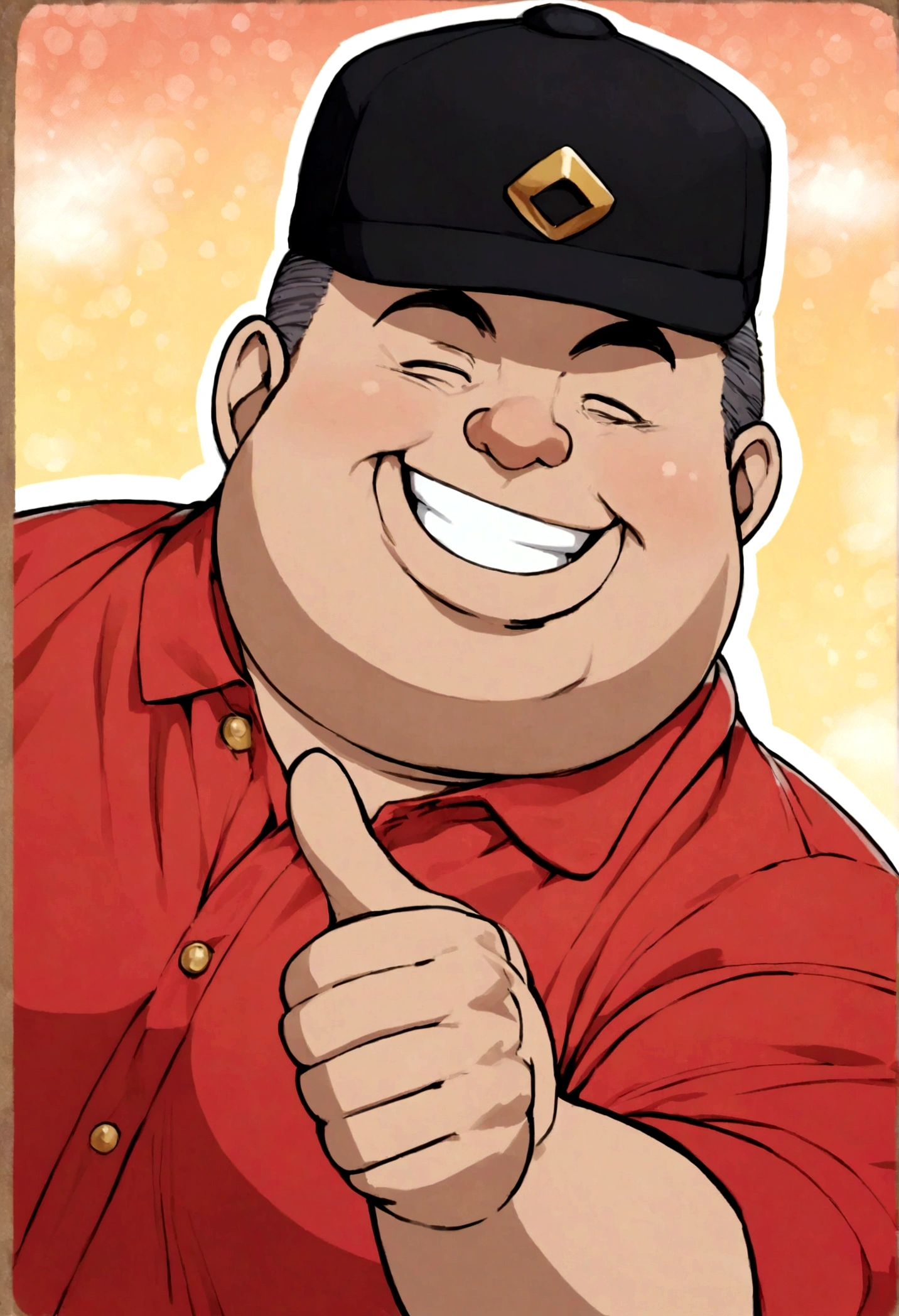 fat man in red shirt and black cap smiling doing thumbs up sign style cartoon