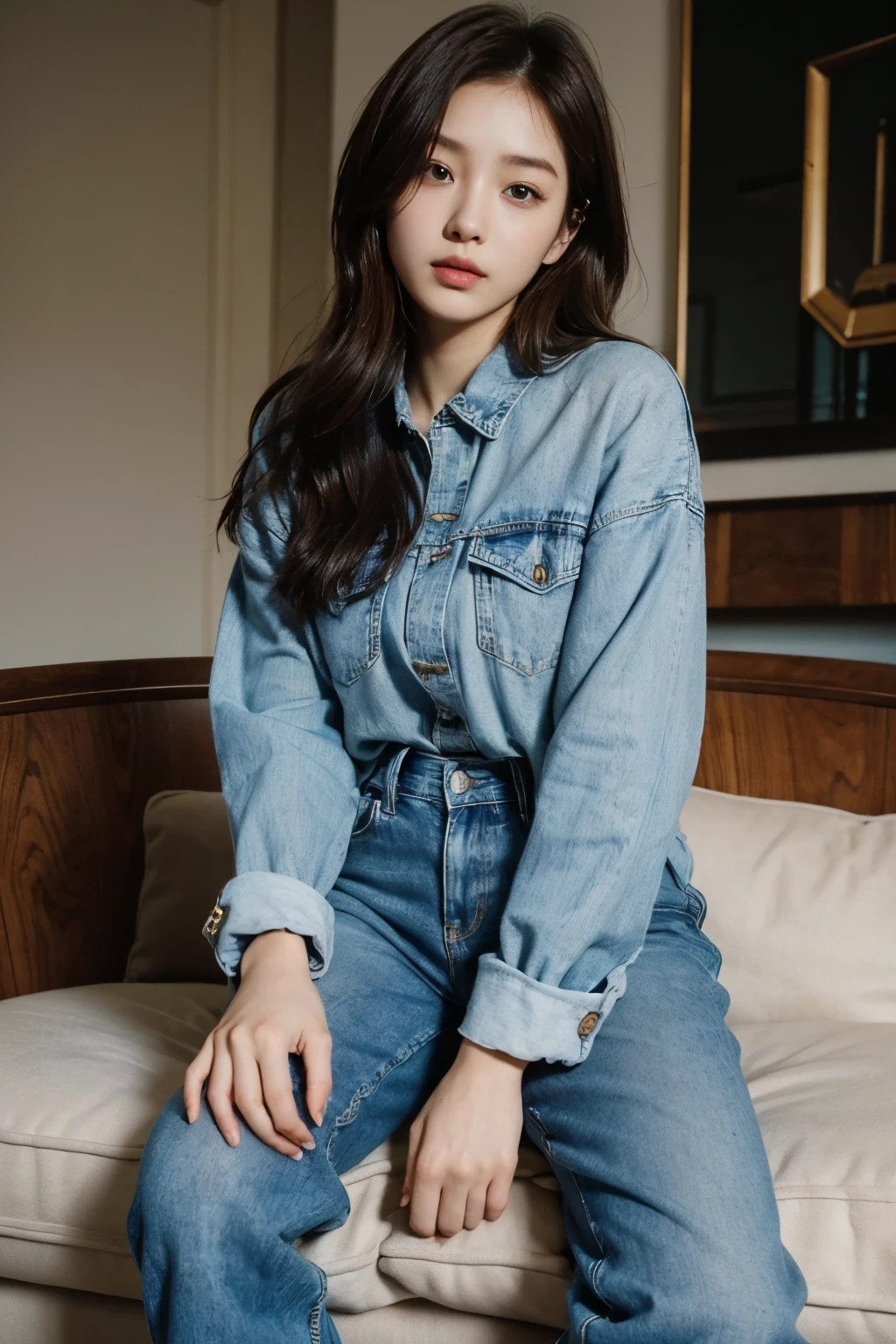 A beautiful girl about 24 years old, brown hair, delicate facial features, peerless beauty, naked, wearing blue jeans, sitting on the sofa, full body photo ulzzang