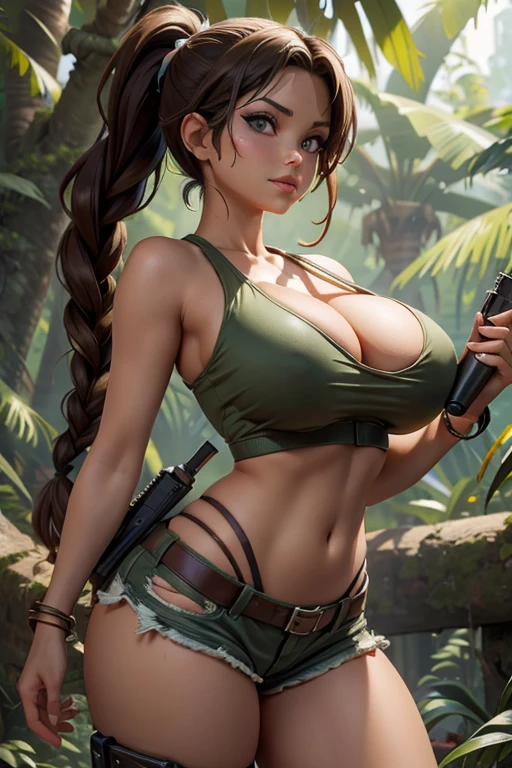 (masterpiece), best quality, expressive eyes, perfect face, (ancient ruins in deep jungle background), (standing), (smirk), (front view), (1girl, age ???, Angelina Jolie, latina, dark skin, tanned skin, thick lips, brown hair, long hair, ponytail braid hairstyle, hazel eyes, hourglass figure, thin body, skinny body, ?????????????, ????????????, oppai, wide ????, big ????, round ????, thick thighs), (lara croft outfit, torn clothes, ripped clothes, torn military-green tanktop, croptop, sleeveless, torn camouflage shorts, exposed cleavage, exposed underboobs, military hip holster, military shoulder straps with ammunition),
