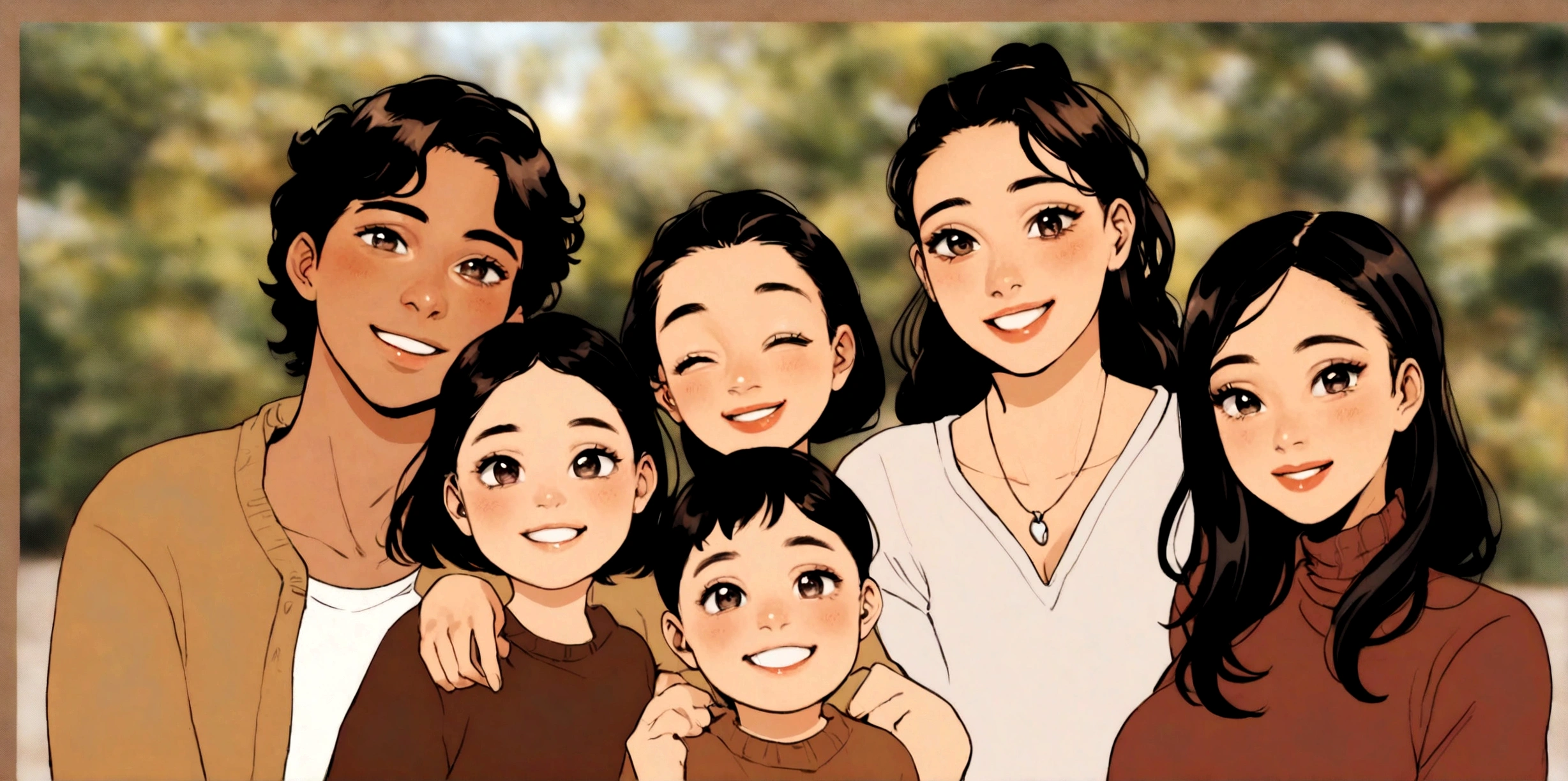 artistic style, a family, artistic, family photo, mixed nation, various skin tones, some of them smiling