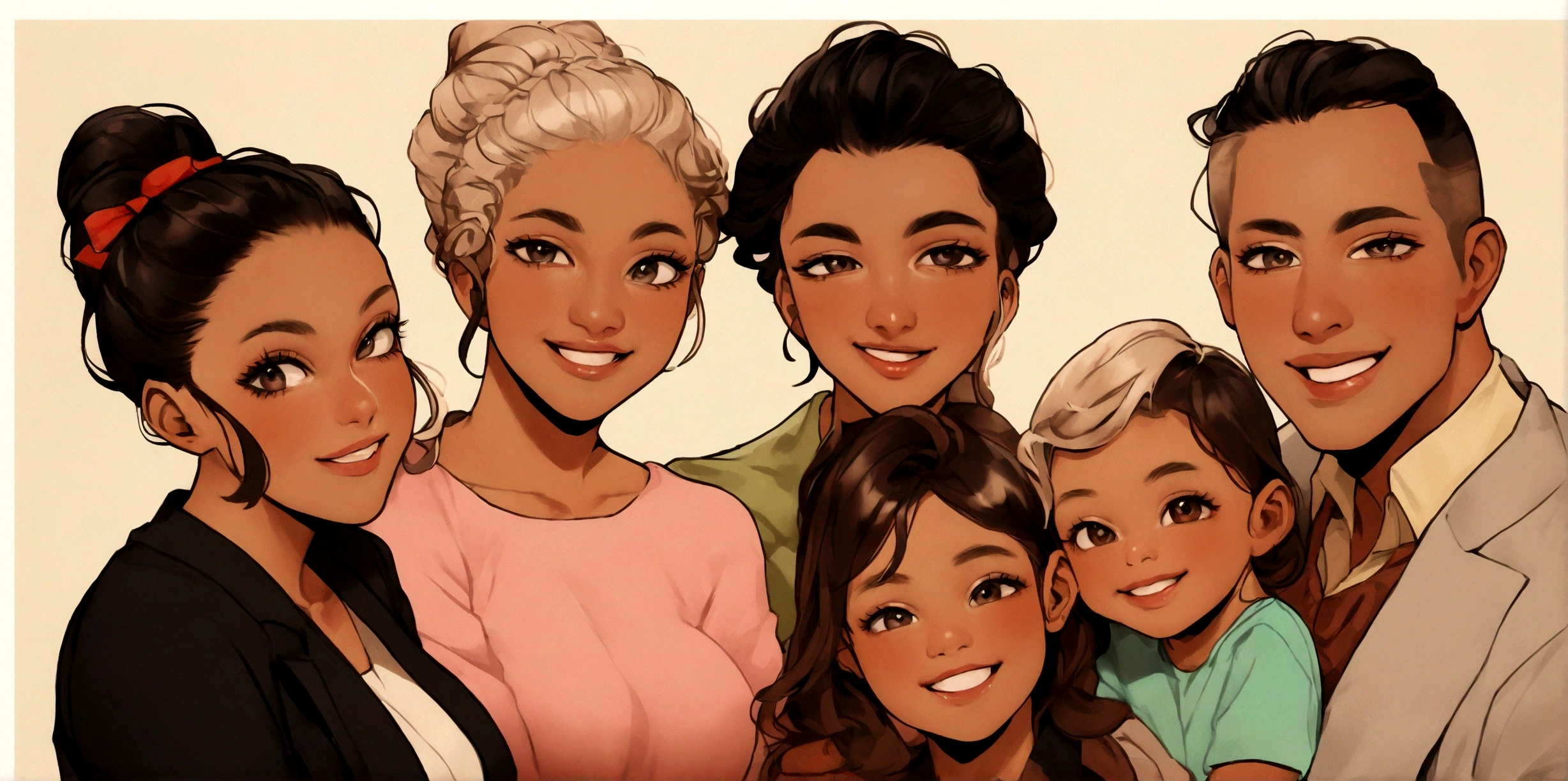 artistic style, a family, artistic, family photo, mixed nation, various skin tones, some of them smiling