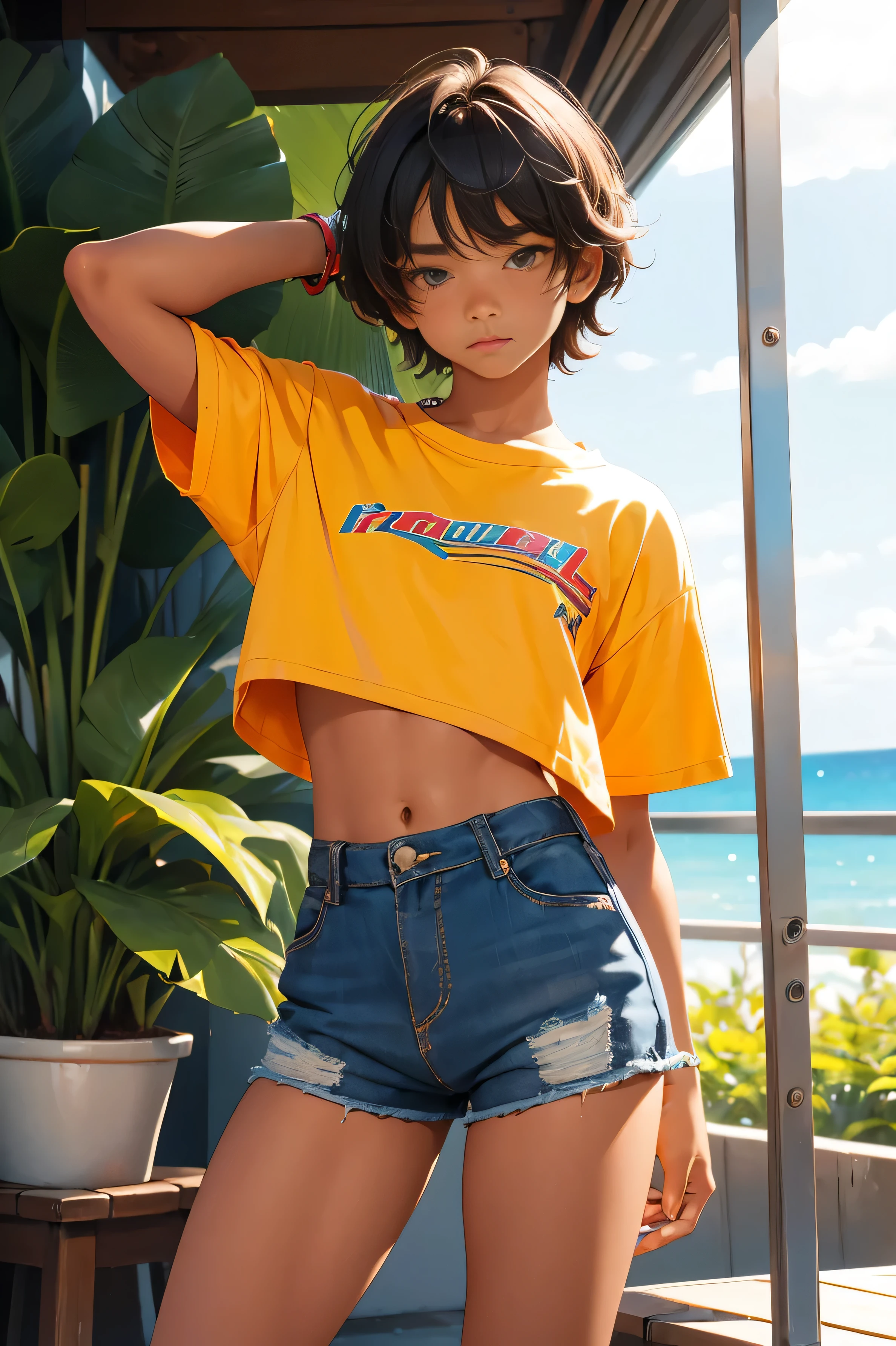 Teen boy 16 years old, beautiful teen boy is wearing a cropped shirt and too very much short mini shorts, the boy's legs are beautiful, tanned, bangs, flirty posing, hot summer, top quality,