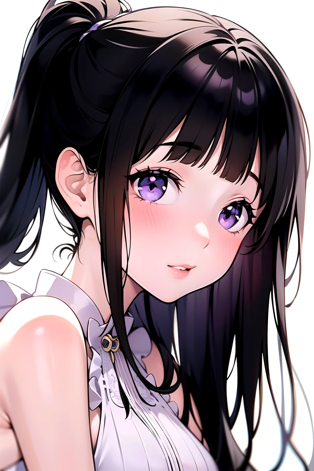 (A superb exquisite Chitanda Eru), (18years old), (finely detailed beautiful eyes: 1.2), (Best aesthetic:1.4), (32Ｋ), (Blushing cheeks:1.1), intricate details, purple eyes, long black hair, natural straight hair, straight bangs, solo, [Small_breasts: large_breasts: 0.5], (masterpiece:1.4), extremely delicate, peerless beautiful girl, dreamy quality, solid color, bright lips, soft lips, slender waist, straight curves, soft lights and shadows, white background, half body, (((idol style)))
