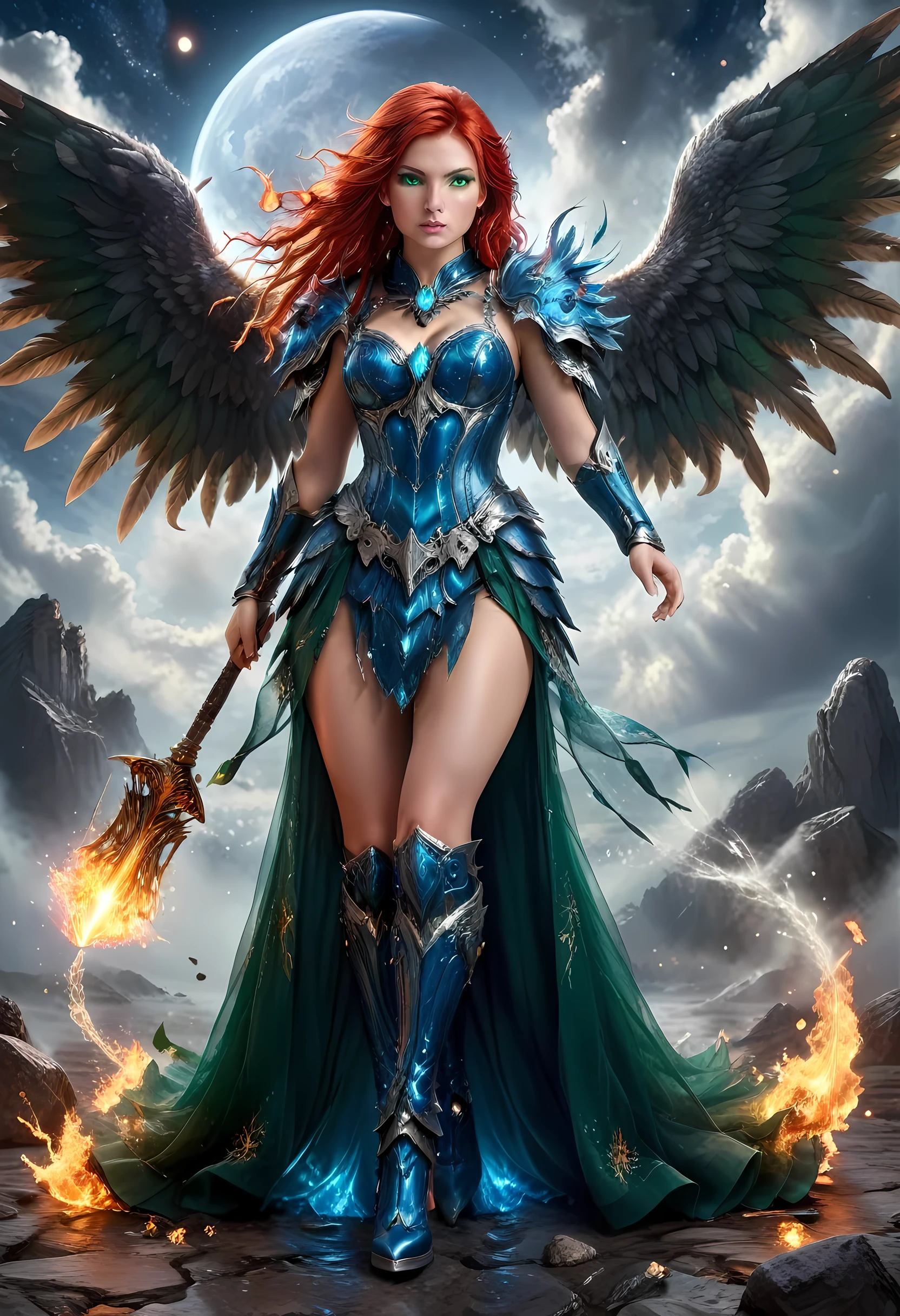 16k, ultra detailed, masterpiece, best quality, (extremely detailed), arafed, dnd art, panoramic view, full body, aasimar, female, (Masterpieceת intense details:1.3), female, sorceress, casting flaming spell(Masterpieceת intense details:1.3) large feathered wings,(white: 1.3) angelic wings spread (Masterpieceת intense details:1.3), fantasy magical heaven background (Masterpieceת intense details:1.3), moon, stars, clouds, wearing (azure: 1.3) armor (Masterpieceת intense details:1.3), high heeled boots (Masterpieceת intense details:1.3), armed with staff, (red hair: 1.4), (green eyes: 1.4), intense eyes, ultra feminine, ultra detailed face, (Masterpieceת intense details:1.5), (anatomically correct: 1.5), determined face, divine light, cinematic lighting, soft light, silhouette, photorealism, panoramic view ((Masterpieceת intense details:1.3) , Wide-Angle, Ultra-Wide Angle, 16k, highres, best quality, faize, 2.5D rendering, evening dress