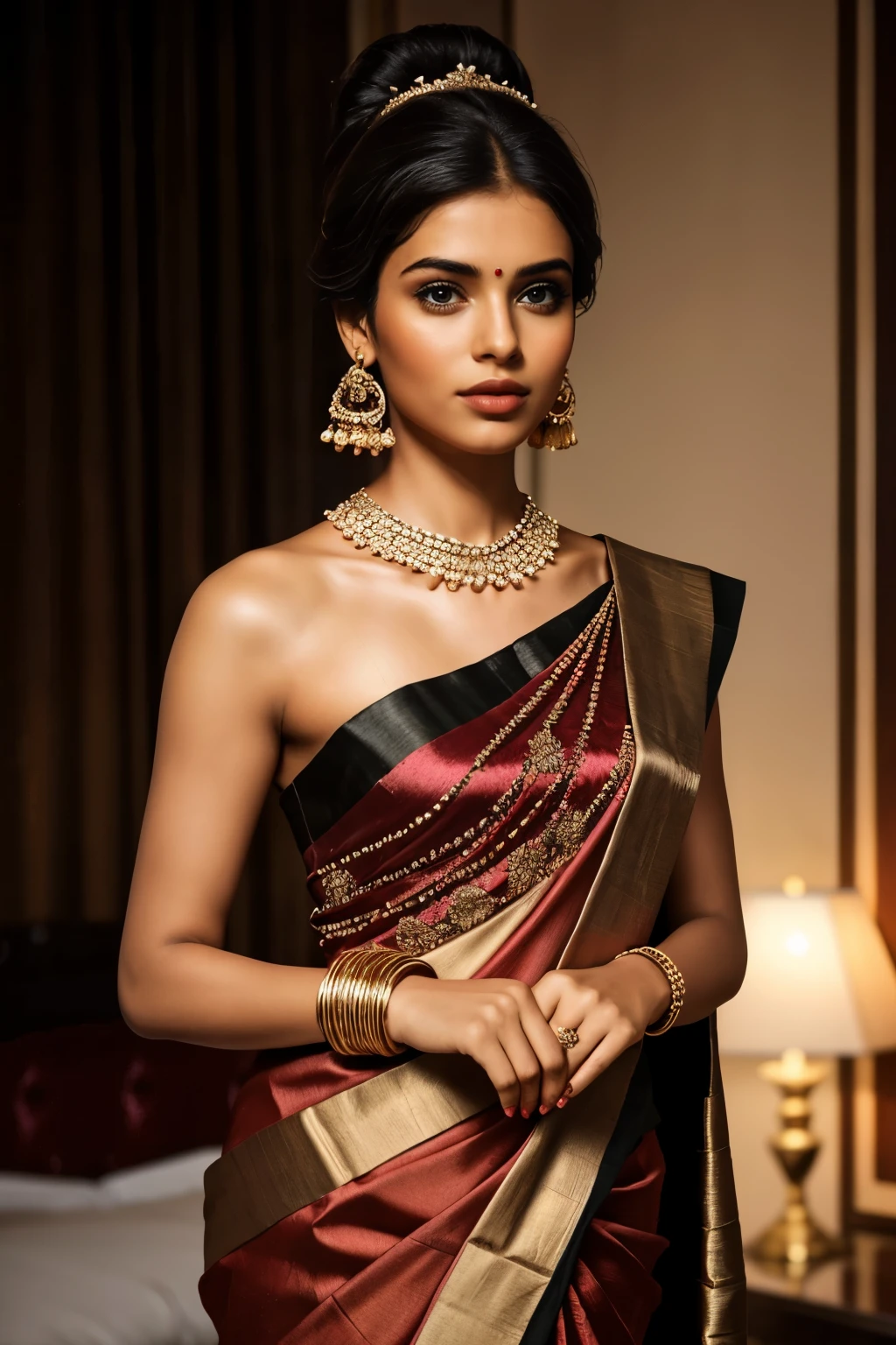 In this photograph, an Indian Instagram female model in her mid-20s takes center stage. (highly detailed face:1.4) (smile:0.7) (background 5-star hotel, moody, private study:1.0V, by Lee Jeffries, Nikon D850, film stock photograph, 4 Kodak Portra 400, camera f1.6 lens, rich colors, hyper-realistic, lifelike texture, dramatic lighting, Cinestill 800, realistic). She is wearing a traditional black red combination saree that exudes elegance and sophistication. The saree features a vibrant and intricate design with rich colors and detailed patterns, draped gracefully around her. The blouse is short-sleeved with intricate embroidery and beadwork, complementing the saree’s luxurious fabric. Completing her look, she adorns herself with traditional jewelry, including bangles, earrings, and a necklace. The model's hair is styled in a classic bun with jasmine flowers. The photograph is meticulously captured in 8K resolution using cutting-edge techniques such as Cinema 4D and Octane Render, resulting in a highly detailed and photorealistic image. Studio lighting, HDR, and a smoky mist create a captivating ambiance, while the bokeh effect adds an artistic touch.