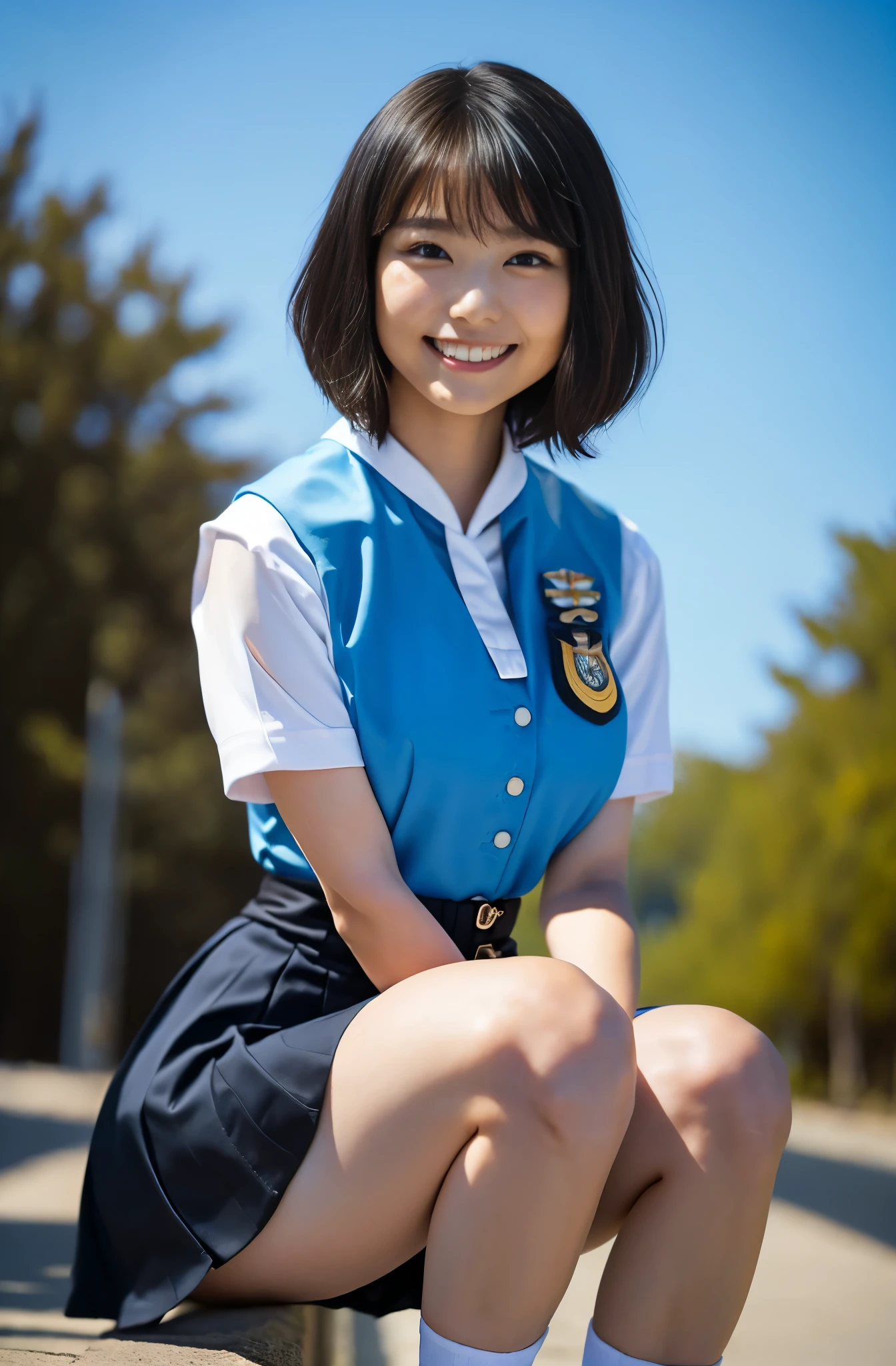 (8k、Raw photography、highest quality、masterpiece:1.2),(Black-haired、Very short hair:1.8),(:1.3)、View your audience,Viewed from the front,White skin,(high school girl、Light blue uniform:1.6)、(Tight waist:1.6)、(Clothes that accentuate the shape of the breasts:1.0)、(Big Breasts :1.3)、Slim figure、Ultra-high resolution,beautiful,beautiful fece,(one person、No background:1.9),whole bodyボディー,Japanese women,(reality的:1.37)、Photon Mapping,reality、(-face cute: 1.4)、(Cute Smile: 1.8)、(Round face: 1.8)、Radio City、Physically Based Rendering、Depth of field rally background、photograph, (I can see your knees、Thigh close-up:1.8),(Checked skirt:1.6),whole body、Great quality