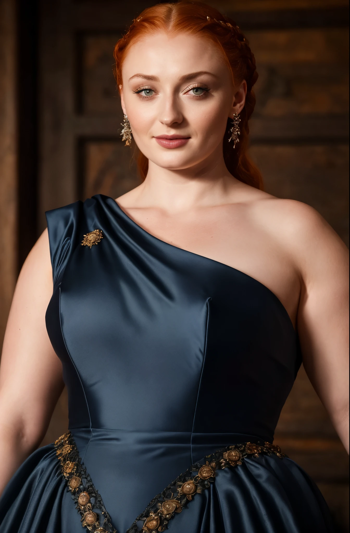 Face of Sophie Turner, Sansa Stark played by Sophie Turner, the de facto Lady of the Eyrie, is a 40-year-old mature queen with a stunning, alluring appearance. Full Face, Full figured woman, pierced eyes, reddish lips, upper body shot, erotic Mediaeval costumes, game of thrones costumes, She wears a Game of Thrones-inspired costume and has a deep cleavage, a perfect thick body, and a perfect thick figure. The photograph captures her in a close-up, with her skin texture and facial features being ultra-realistic and realistic. Juicy thick figure, high quality skin, Skin pores, amazing details, snow, snow flakes, semi realistic, extremely detailed eyes, dark moody orange and black settings, cool environment, artificial intelligence